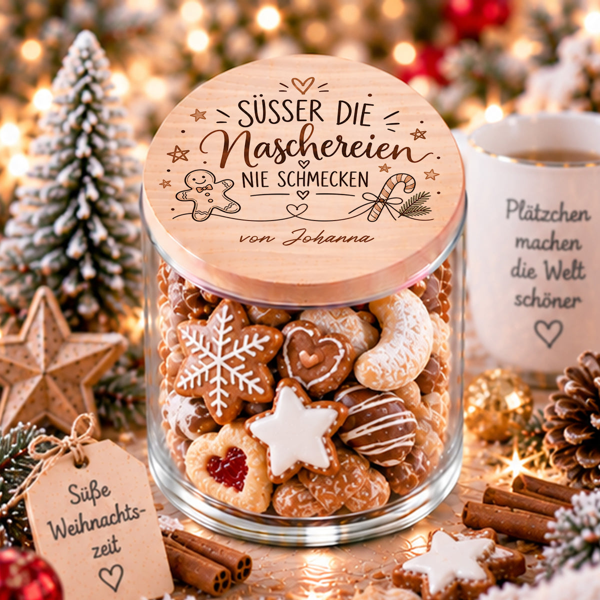 Personalisiertes Keksglas zu Weihnachten mit Holzdeckel und Spruch Süßer die Naschereien nie schmecken