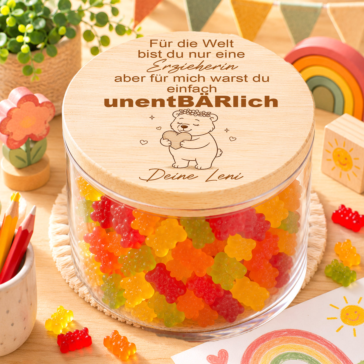 Kita Abschiedsgeschenk für Erzieherin personalisiert mit Gummibärchen Glas und unentBÄRlich Spruch