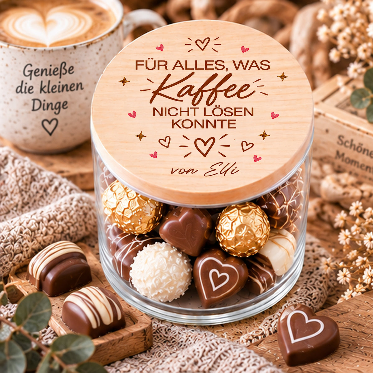 Personalisiertes Dankeschön Glas mit Holzdeckel, Spruch Für alles was Kaffee nicht lösen konnte
