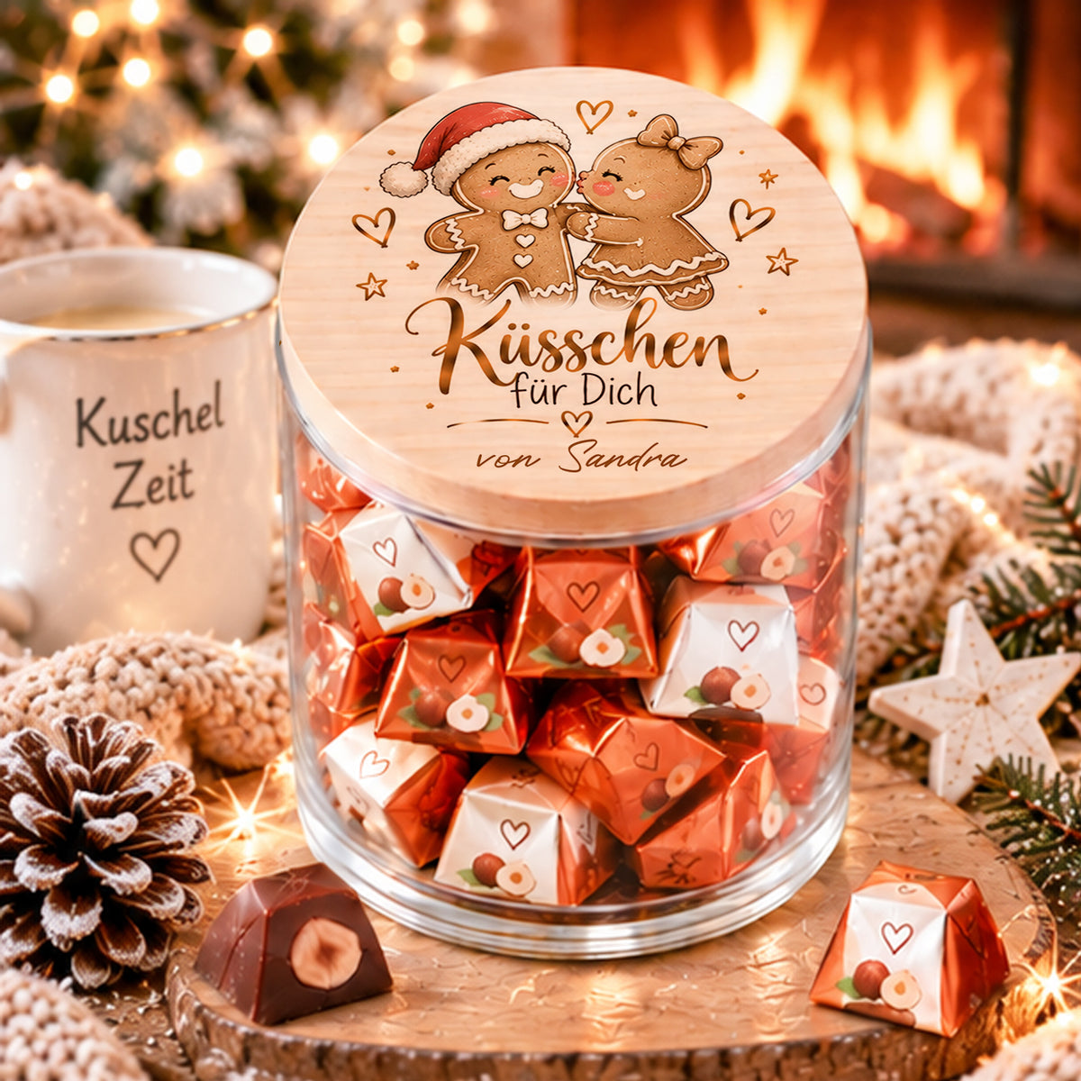 Personalisiertes Küsschen für Dich Glas mit Lebkuchen-Motiv als süßes Weihnachtsgeschenk