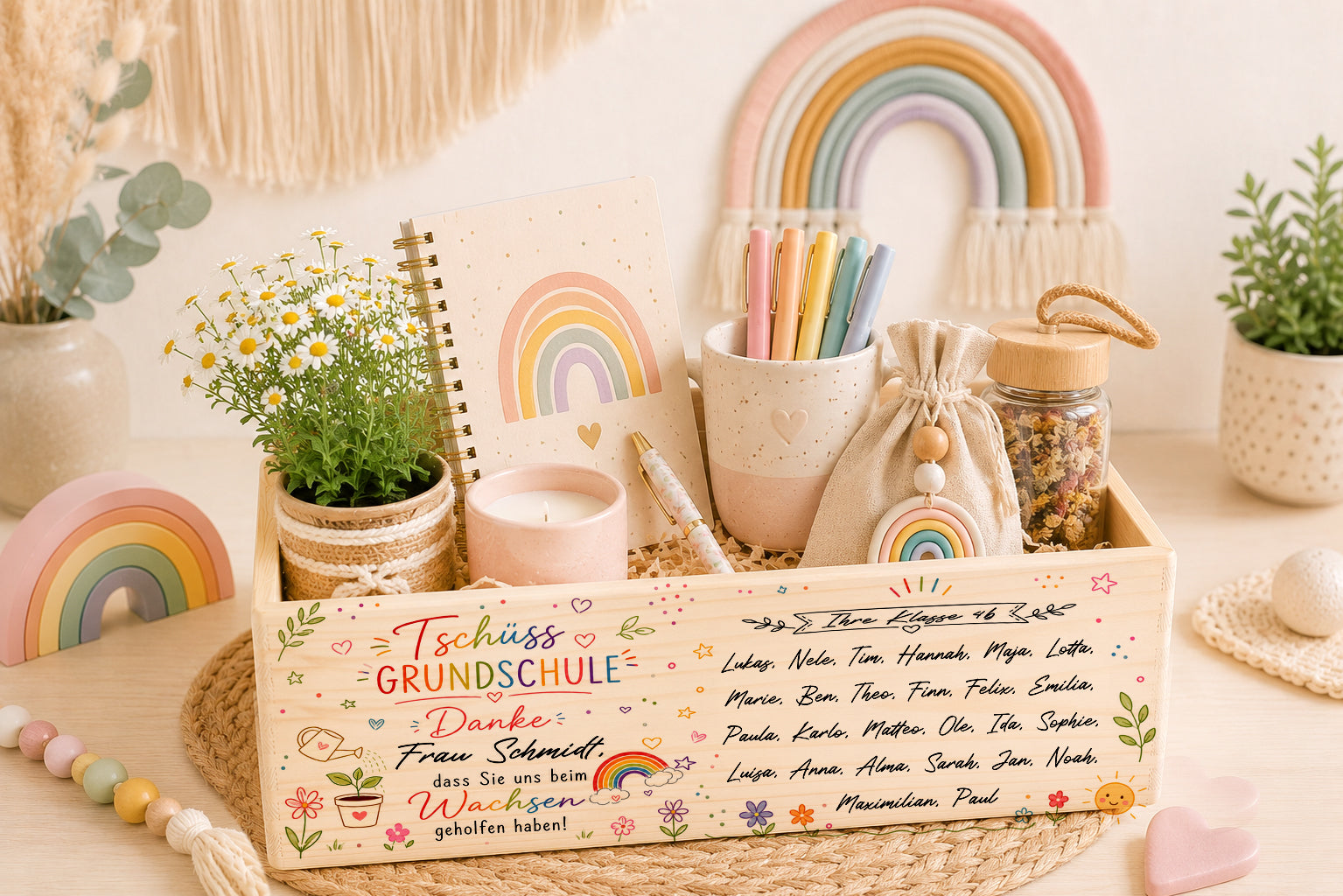 Personalisierte Holzkiste für Lehrer mit allen Kindernamen der Klasse als Abschiedsgeschenk zur Grundschule