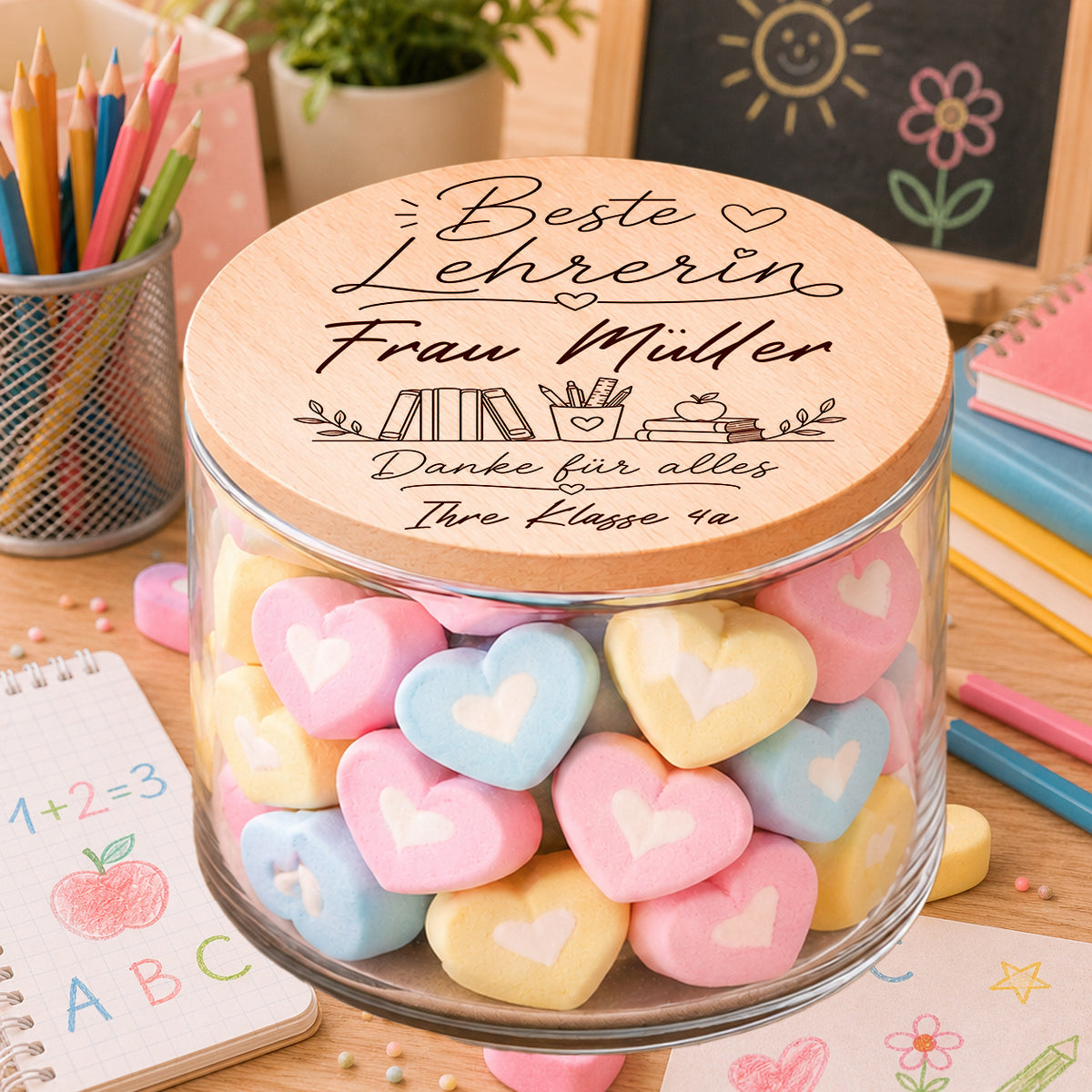 Personalisiertes Lehrer Geschenk zum Abschied – Vorratsglas mit Herz Marshmallows und Gravur Beste Lehrerin