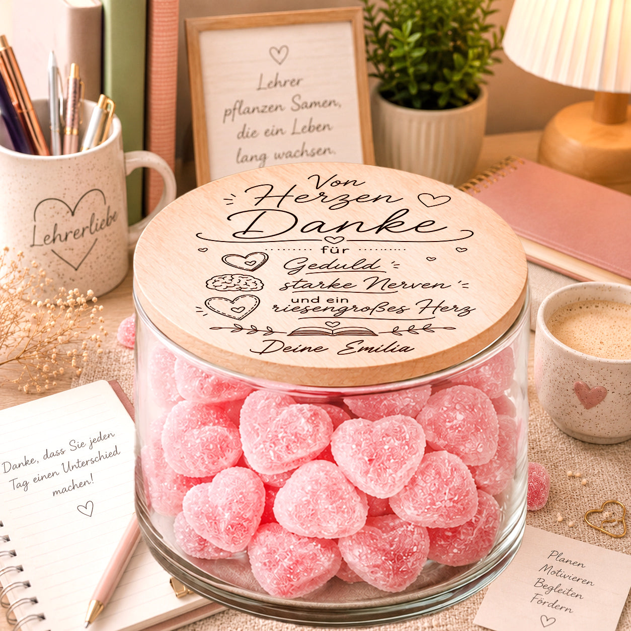 Personalisiertes Lehrerin Geschenk im Vorratsglas mit Herz-Süßigkeiten und emotionaler Danke Gravur