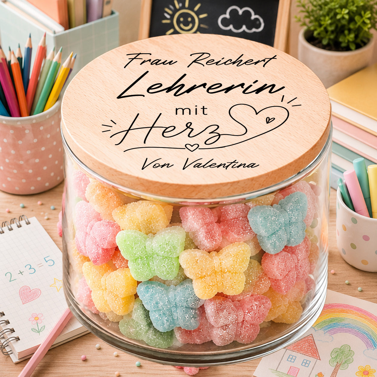 Personalisiertes Vorratsglas für Lehrerin mit Herz Gravur und bunten Süßigkeiten