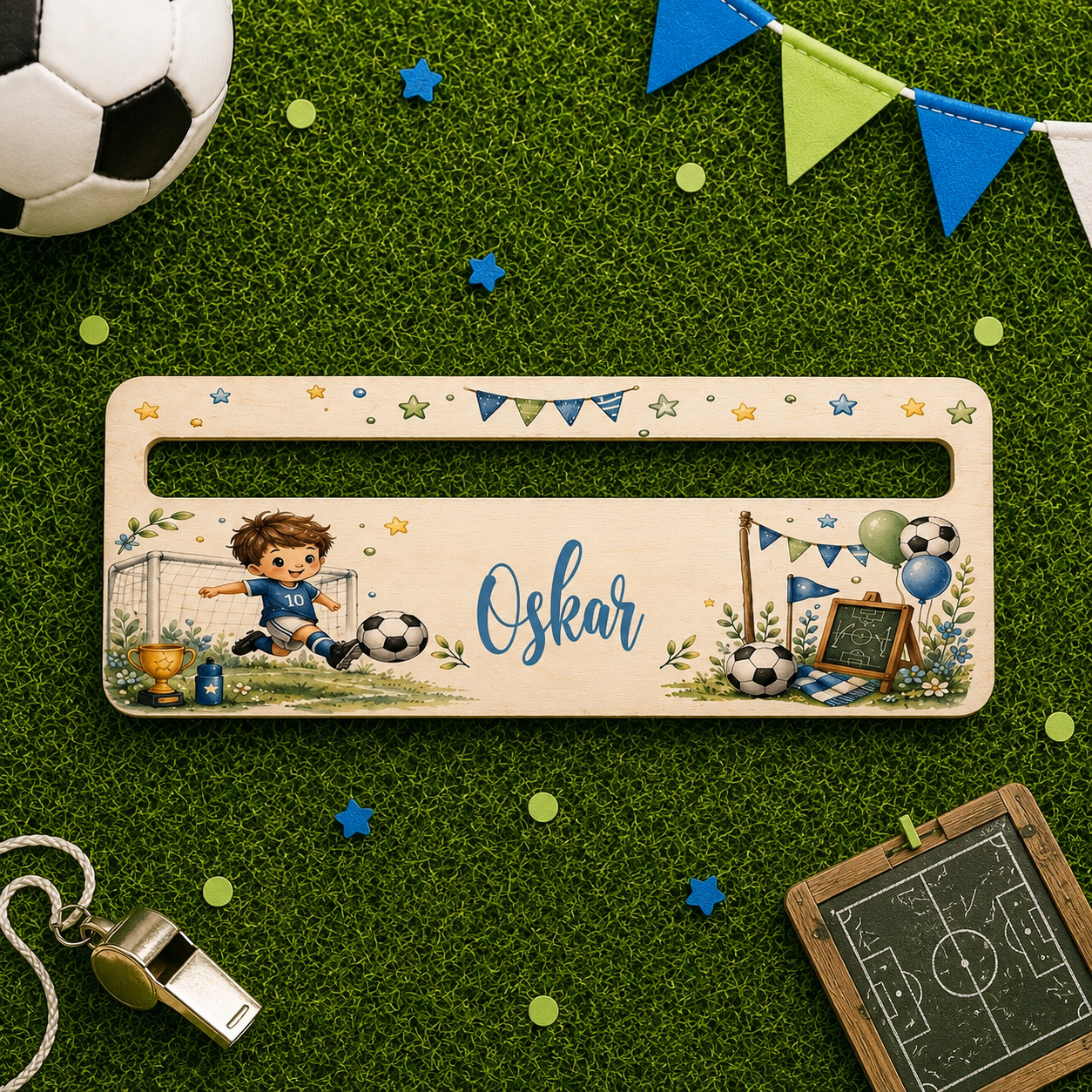 Personalisierte Lesehilfe aus Holz mit Fußball – Lineal, Lesezeichen oder Set zur Einschulung
