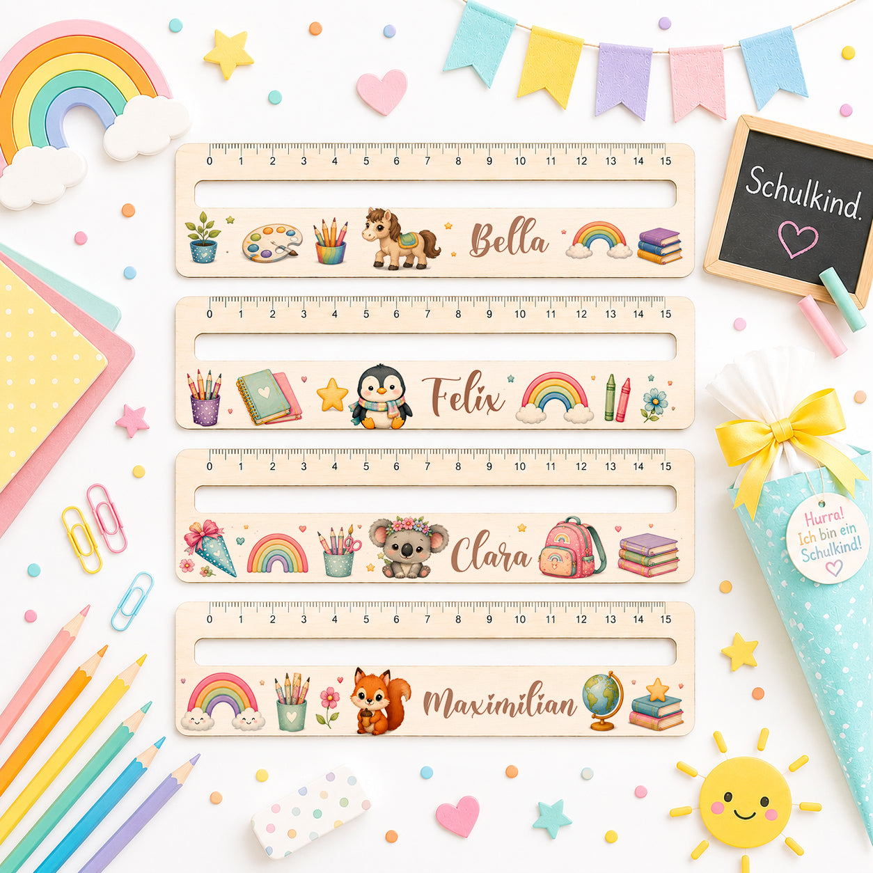 Personalisierte Lesehilfe aus Holz mit Name und integriertem Lineal für Schulanfänger mit Fuchs, Koala, Pinguin, Pony und Regenbogen Motiv als Geschenk zur Einschulung