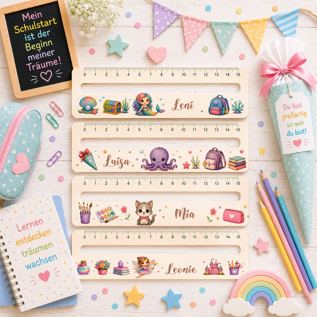 Personalisierte Lesehilfe aus Holz mit Name und integriertem Lineal für Mädchen mit Meerjungfrau, Oktopus, Katze und Feenmotiv als Geschenk zur Einschulung