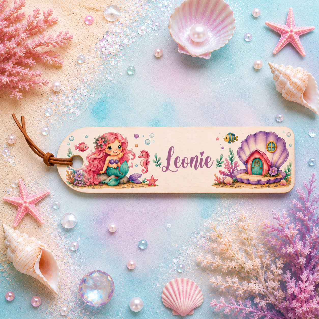 Personalisiertes Holz-Lesezeichen mit Meerjungfrau-Motiv und Namen. Individuelles Geschenk zur Einschulung für Mädchen und kleine Leserinnen.