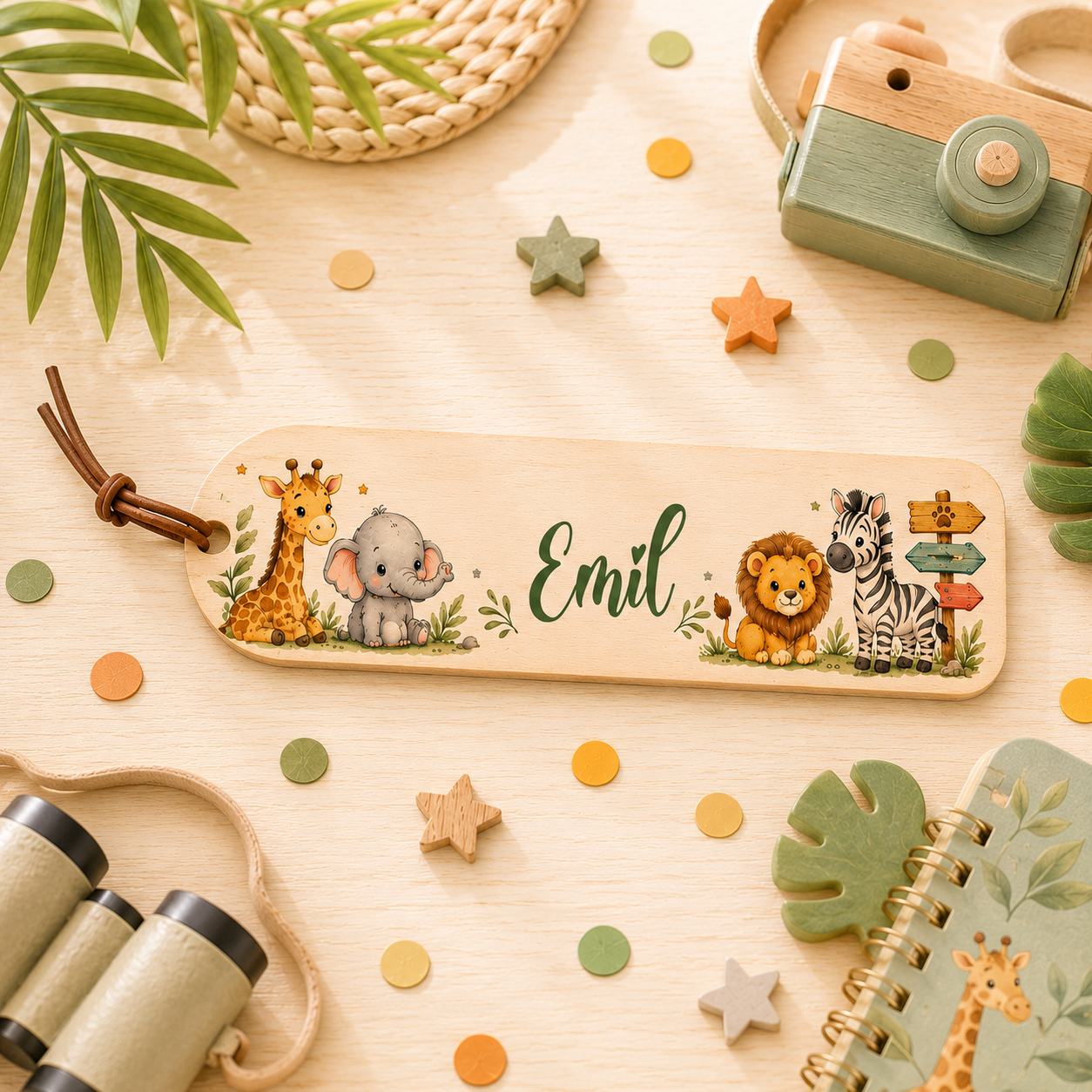 Personalisiertes Holz-Lesezeichen mit Giraffe, Elefant, Löwe und Zebra. Individuelles Geschenk für kleine Bücherfreunde zur Einschulung.