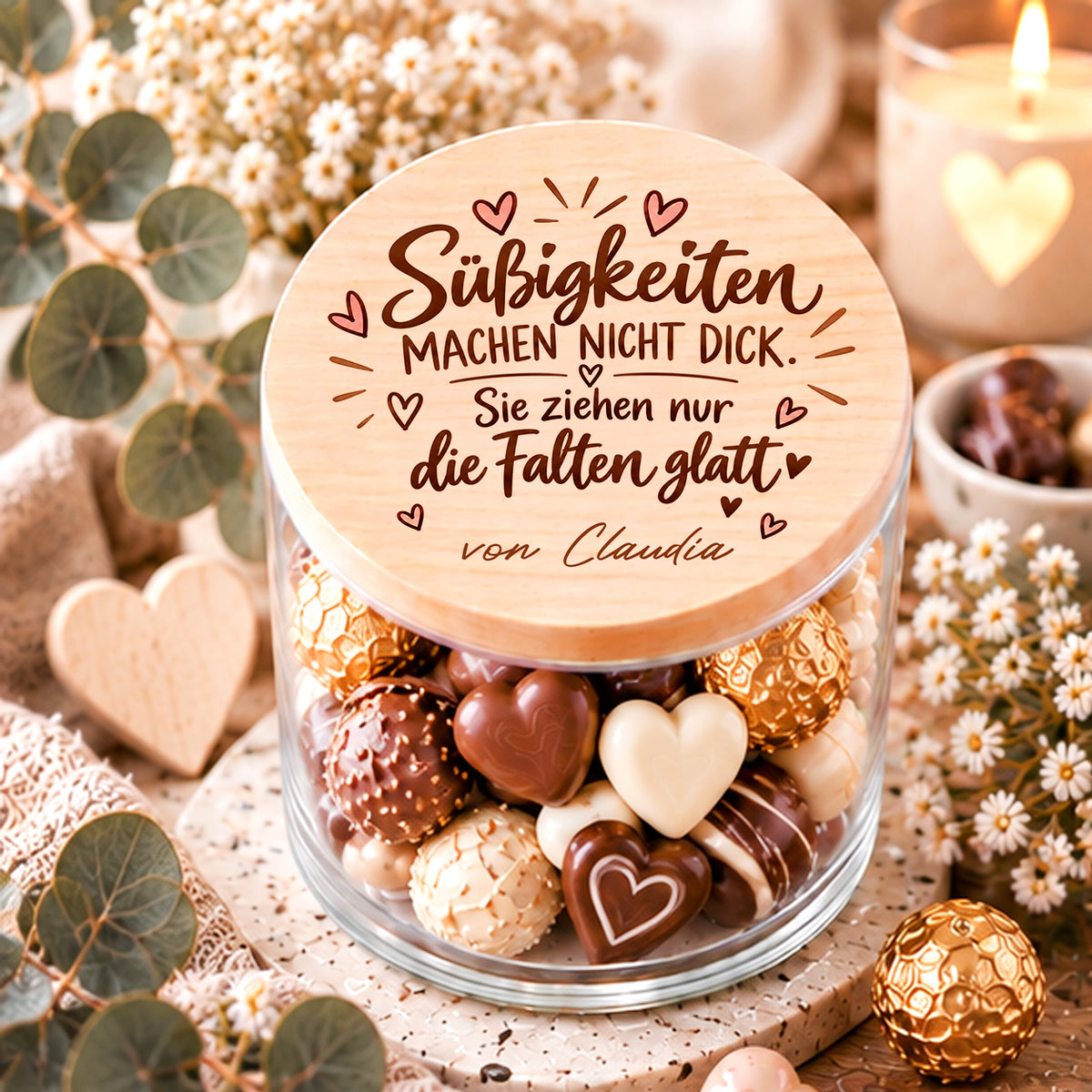 Lustiges Geschenk für Frauen – personalisiertes Vorratsglas mit Spruch Süßigkeiten machen nicht dick