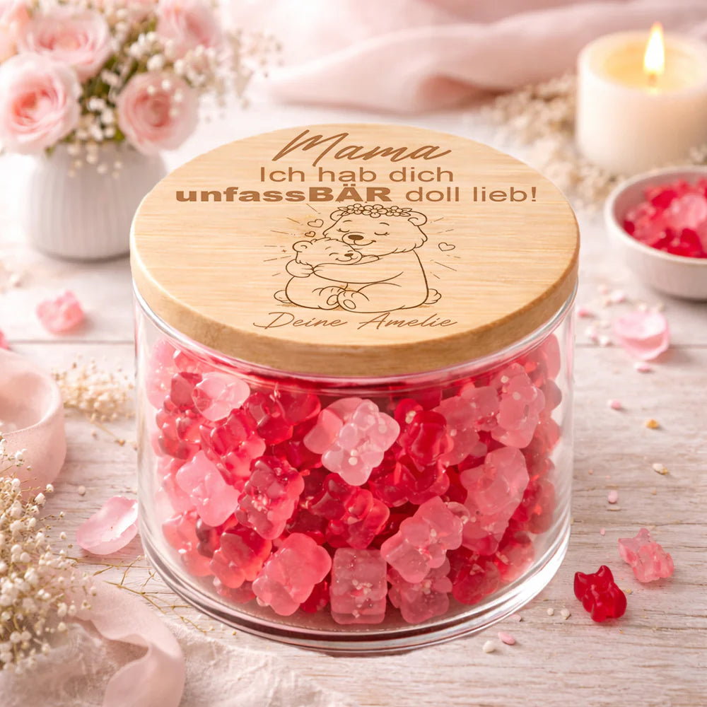 Personalisiertes Vorratsglas Mama Geschenk „Ich hab dich unfassBÄR doll lieb“ mit Name und Bär Motiv