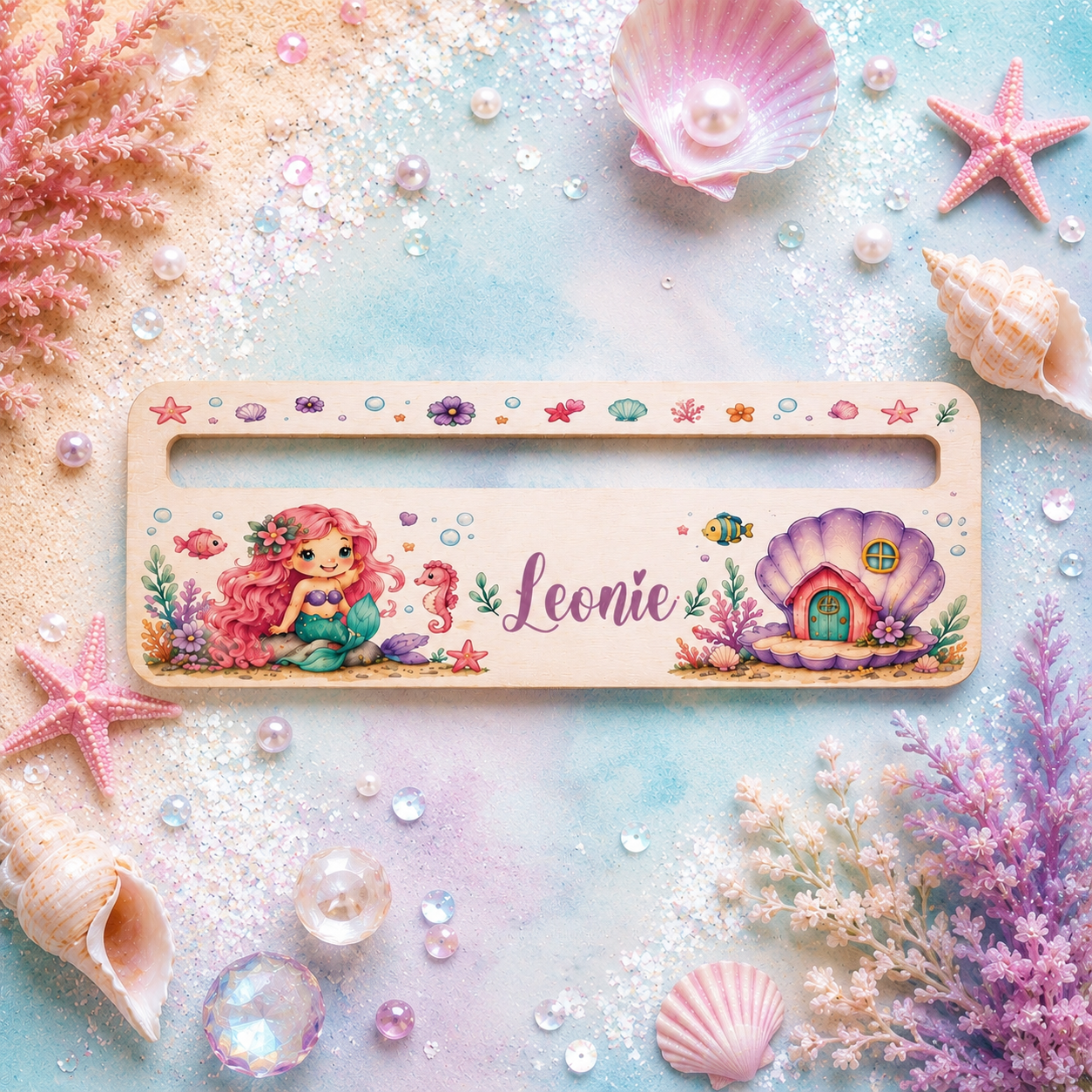 Personalisierte Lesehilfe aus Holz mit Meerjungfrau und Namen für Schulanfängerin. Praktische Lesehilfe zum Lesenlernen als Geschenk zur Einschulung für Mädchen.