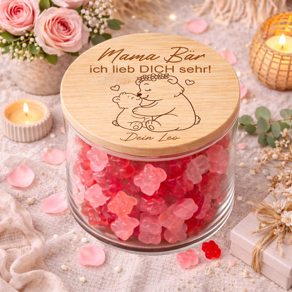 Personalisiertes Vorratsglas Mama Bär mit Spruch „Ich hab dich lieb“ und Name – liebevolles Geschenk für Mama