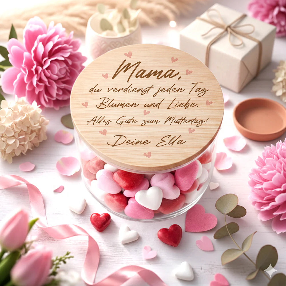 Personalisiertes Vorratsglas Muttertagsgeschenk Mama du verdienst jeden Tag Blumen und Liebe mit Name