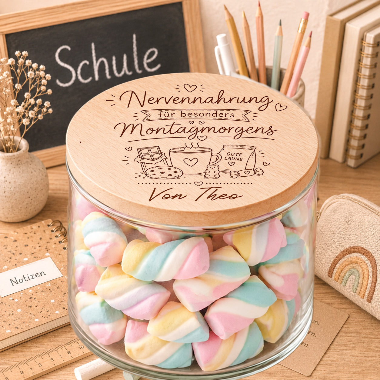 Personalisiertes Nervennahrung Geschenk für Lehrer im Vorratsglas mit Marshmallows und graviertem Holzdeckel