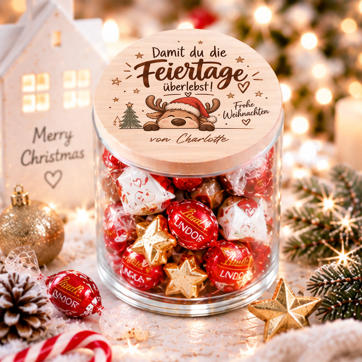 Personalisierte Nervennahrung zu Weihnachten im Vorratsglas mit Spruch Damit du die Feiertage überlebst
