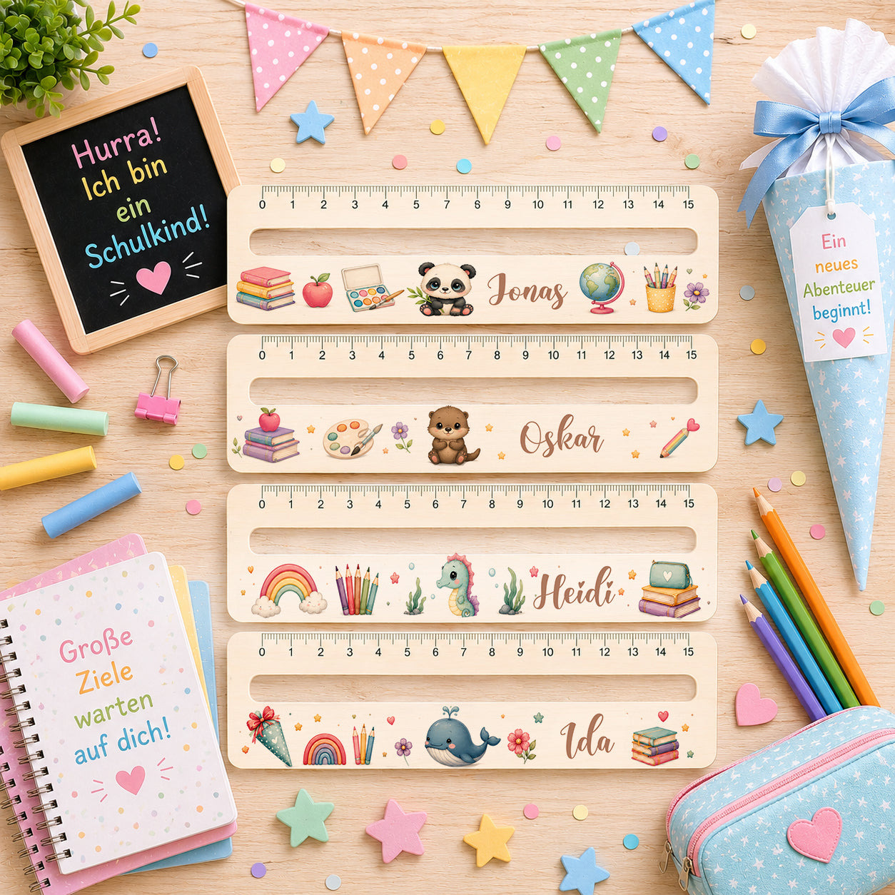 Personalisierte Lesehilfe aus Holz mit Wunschname und integriertem Lineal für Kinder mit Panda, Otter, Seepferdchen und Wal Motiv zur Einschulung