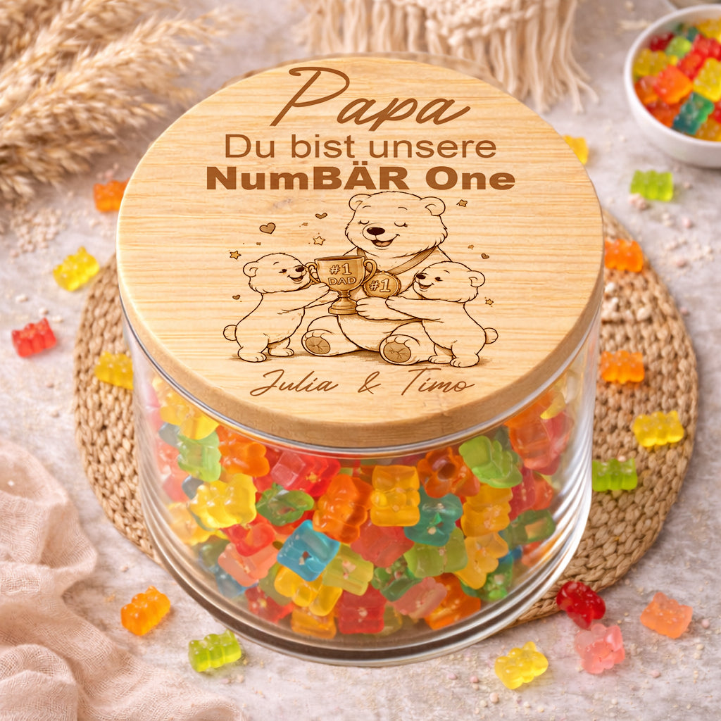 Papa Geschenk von Kindern personalisiert Vorratsglas NumBÄR One mit zwei Namen