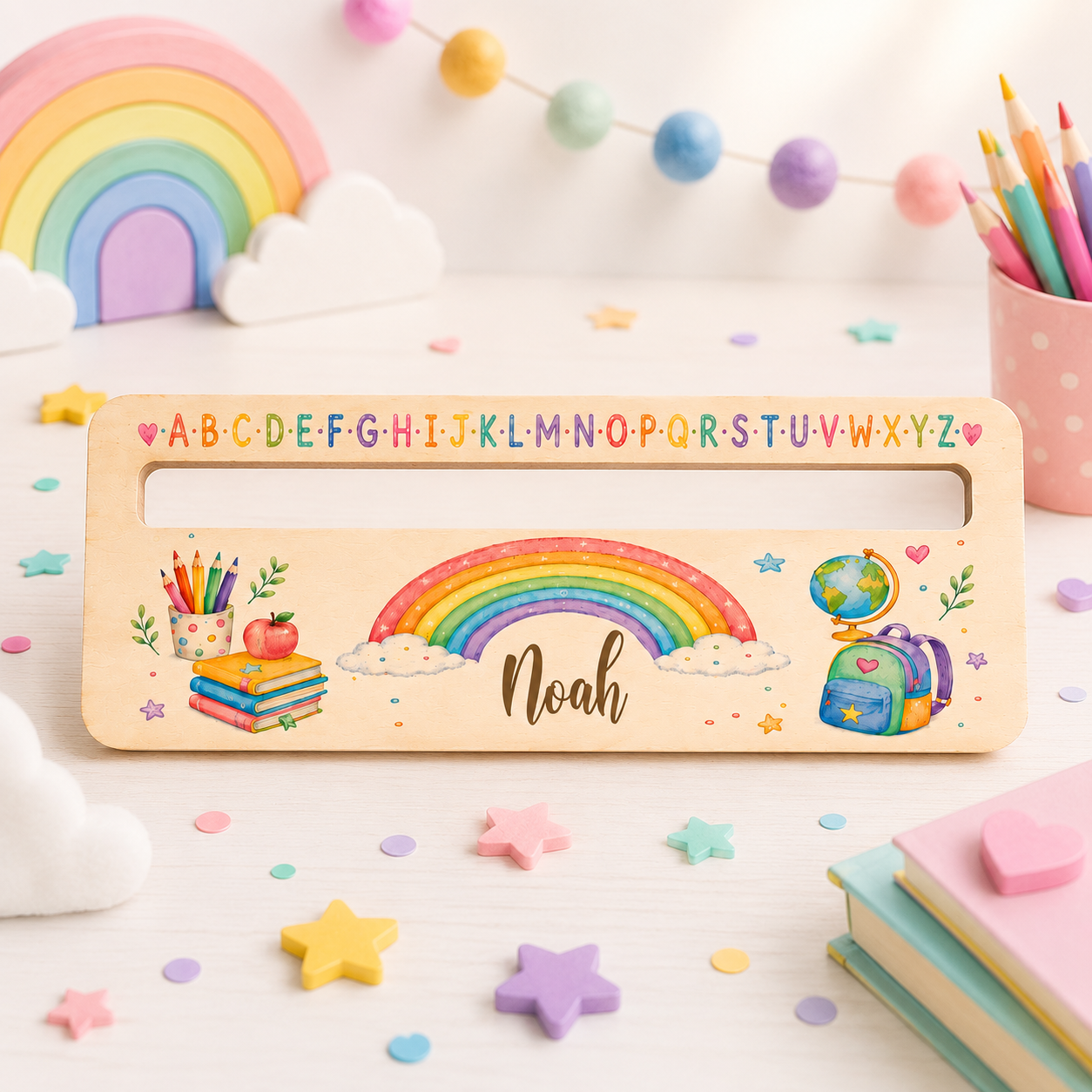 Personalisierte Lesehilfe aus Holz Regenbogen – Lineal, Lesezeichen oder Set zur Einschulung