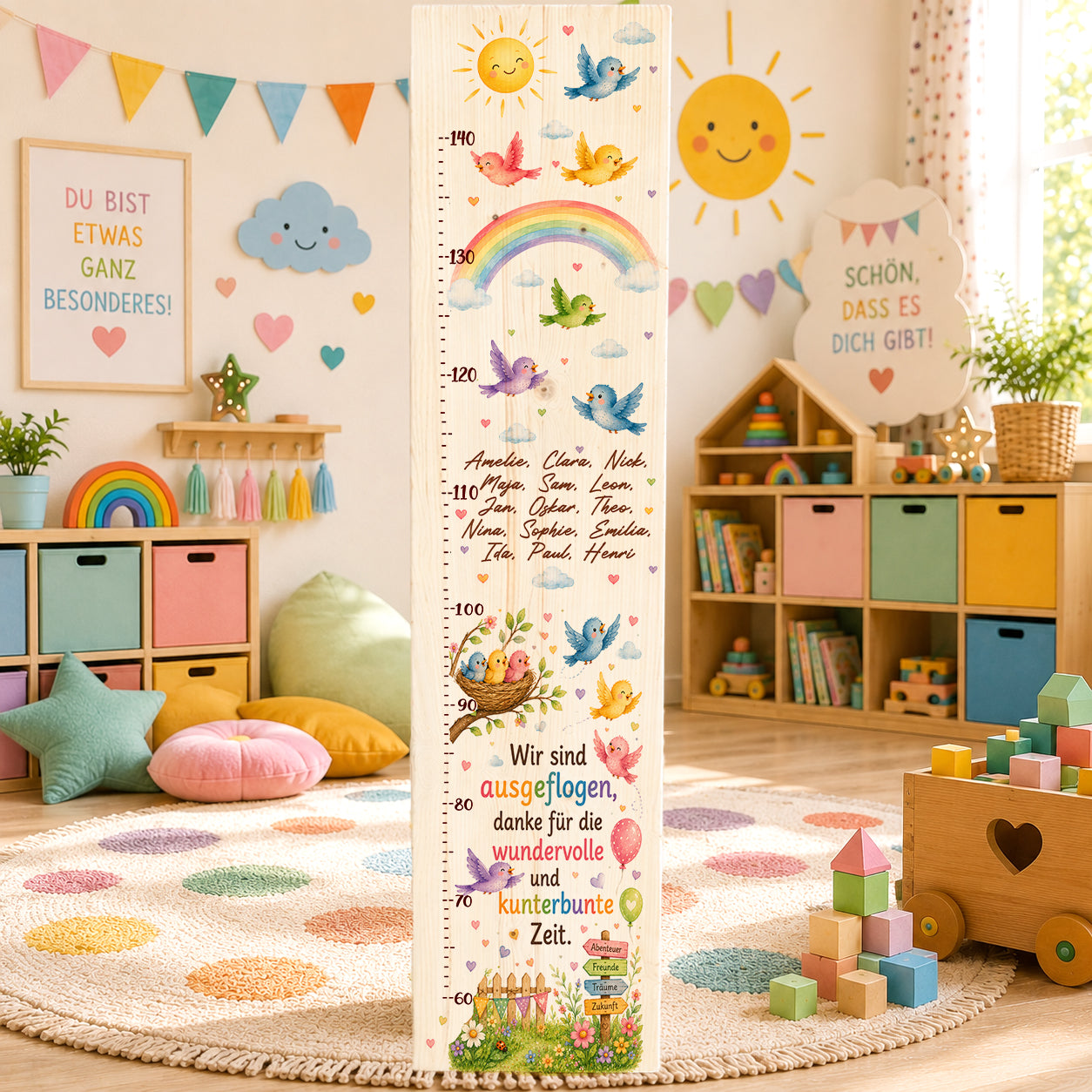 Personalisierte Messlatte aus Holz mit Regenbogen, bunten Vögeln und Kindernamen als Abschiedsgeschenk für Erzieherinnen im Kindergarten