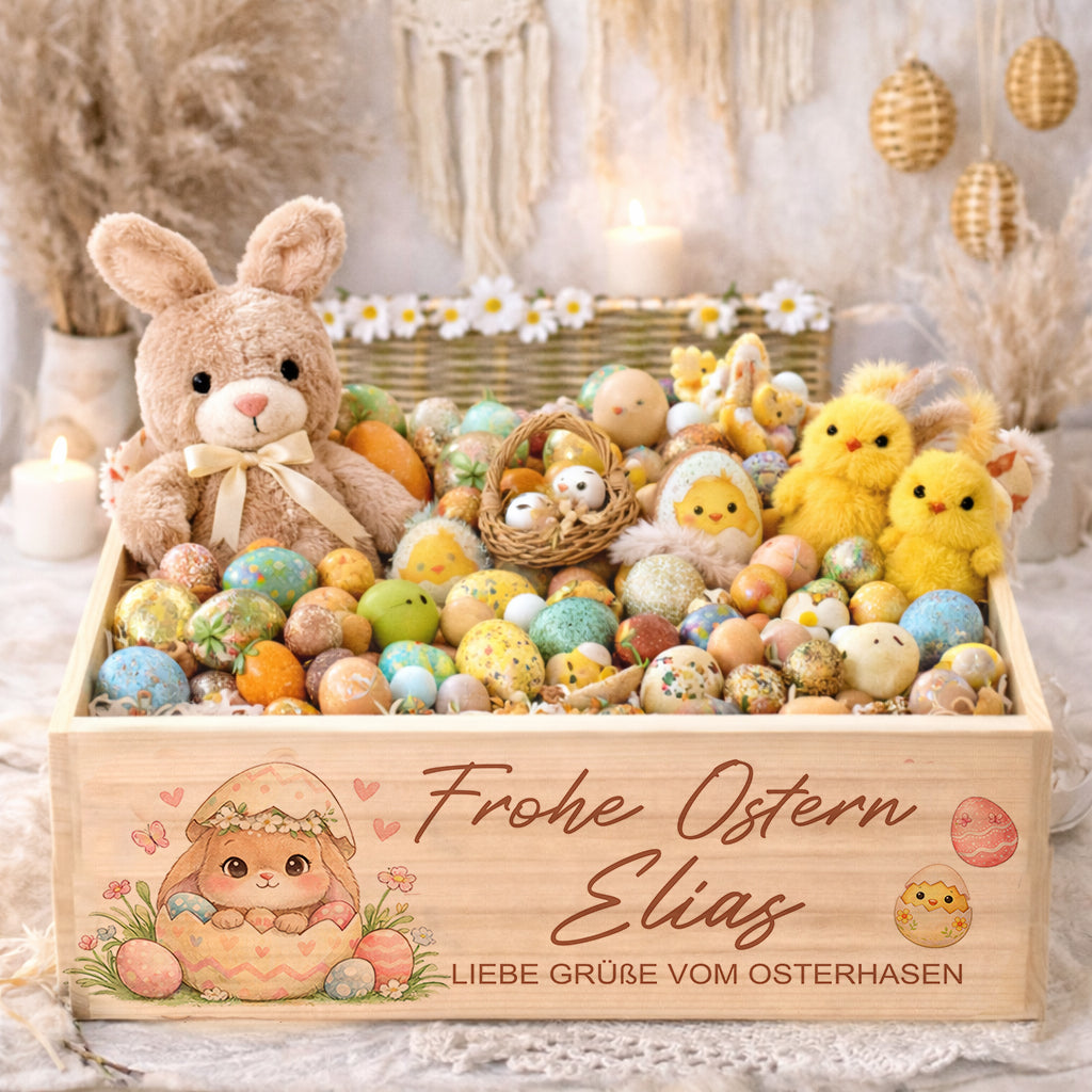 Personalisierte Osterkiste aus Holz mit Name Osternest Osterkorb Nachhaltiges Ostergeschenk für Kinder & Familie
