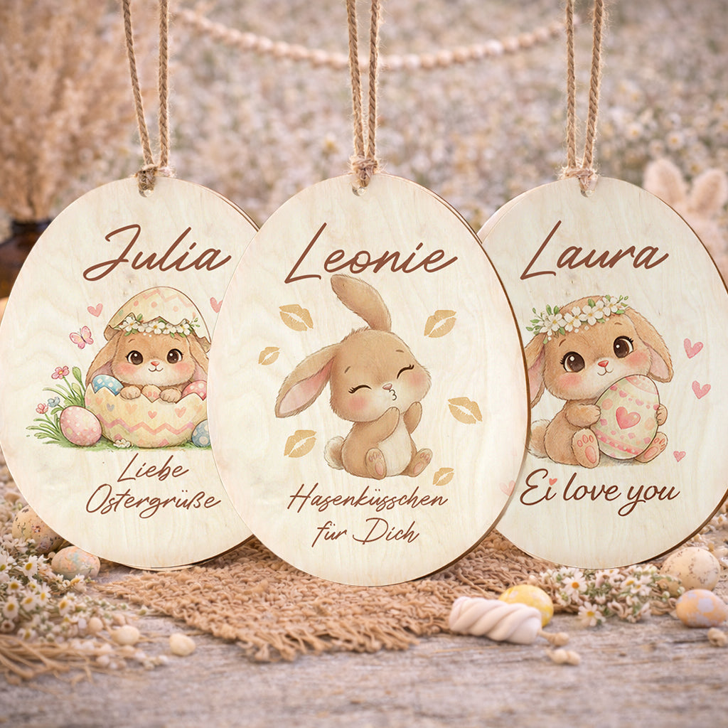 Ostereier personalisiert Holz Osterei mit Name Ostergeschenk Kinder Hasenküsschen Liebe Ostergrüße Osterdeko Osterkörbchen Anhänger Ostern