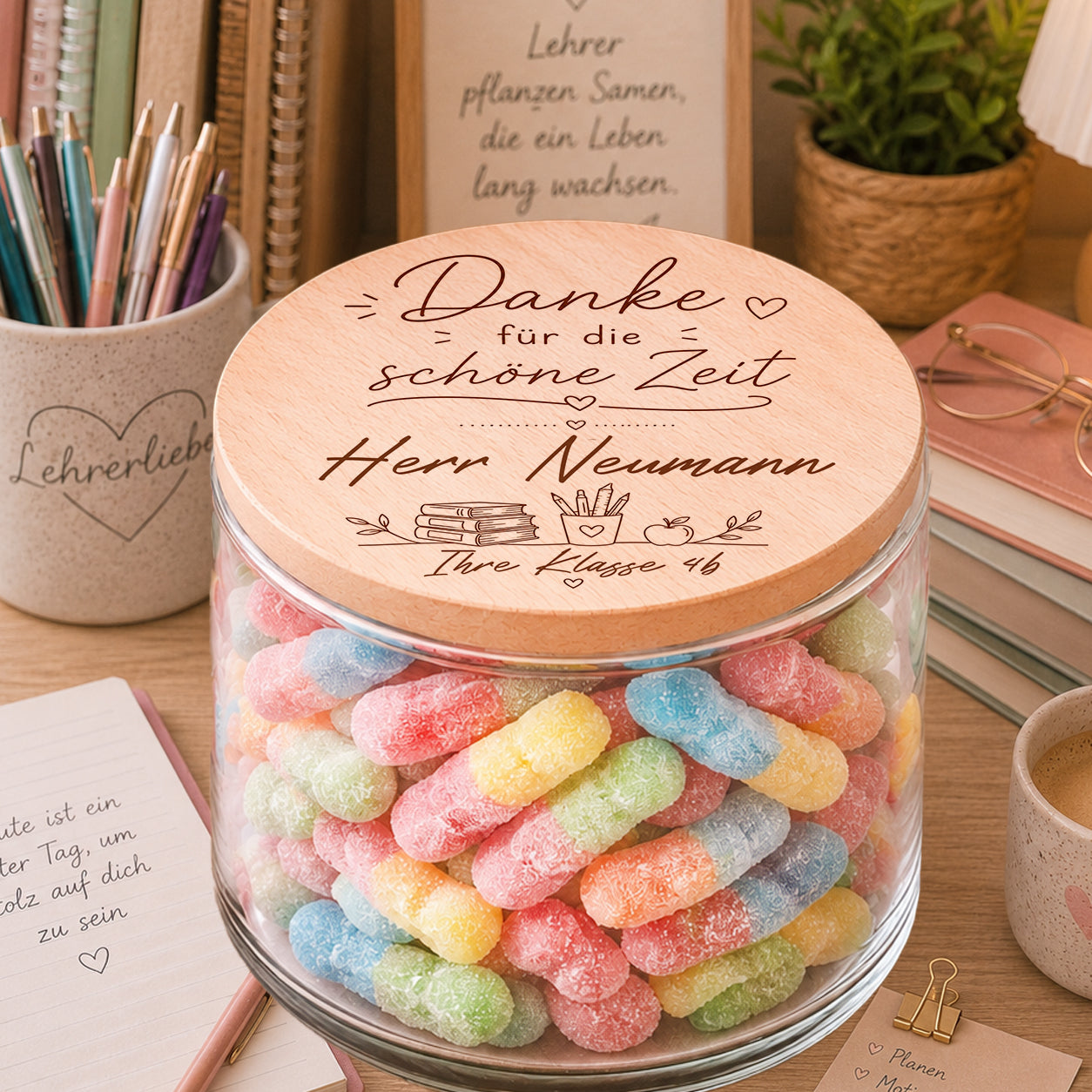 Personalisiertes Lehrer Geschenk zum Abschied mit graviertem Holzdeckel und süßer Füllung als Danke Geschenk für Lehrer und Klassenlehrer