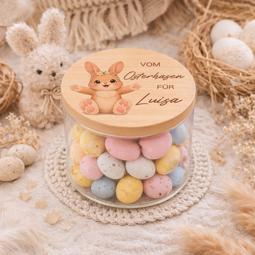 Süßigkeitenglas Ostern mit Osterhase und Holzdeckel
