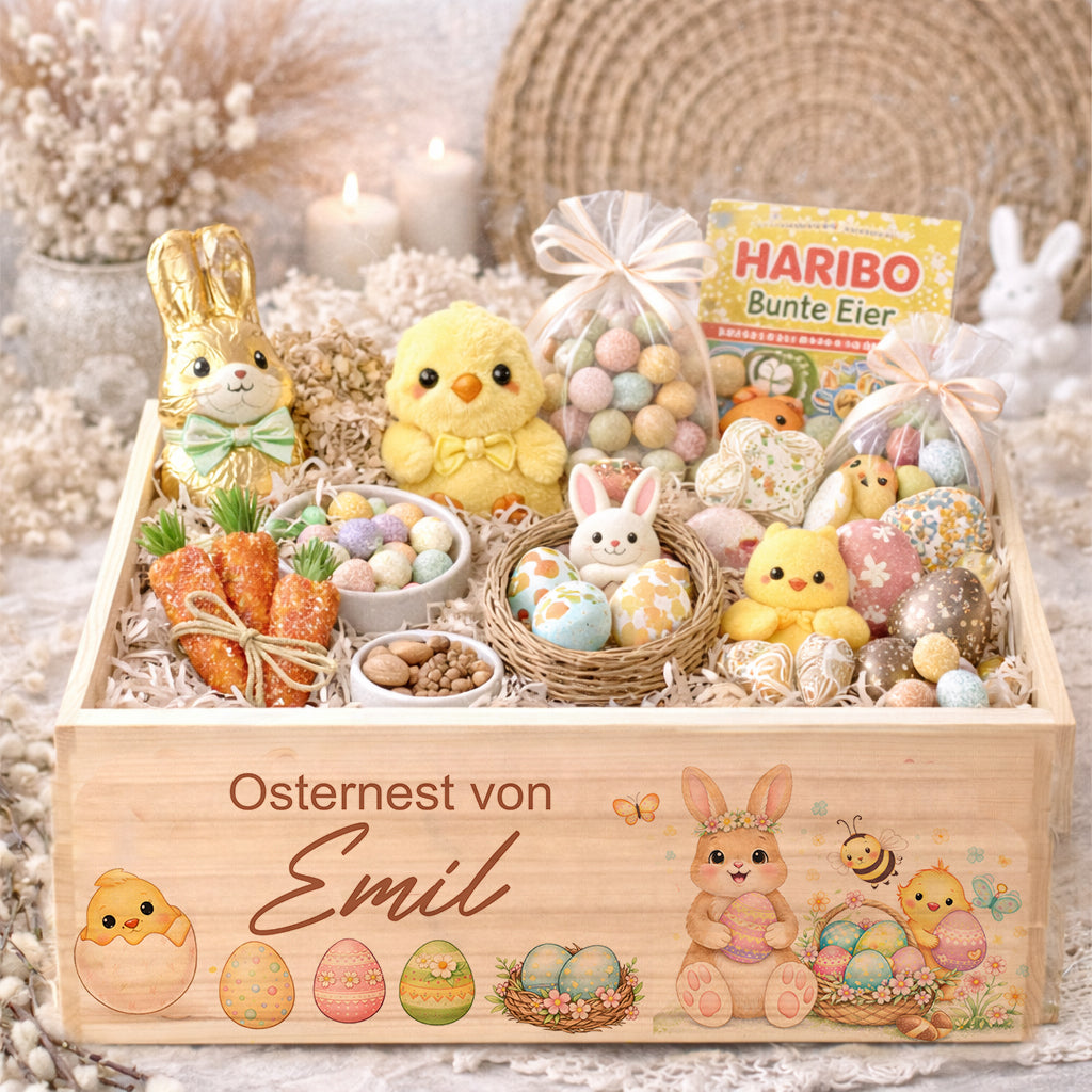 Personalisierte Osterkiste aus Holz mit Name Osternest Osterkorb Nachhaltiges Ostergeschenk für Kinder & Familie