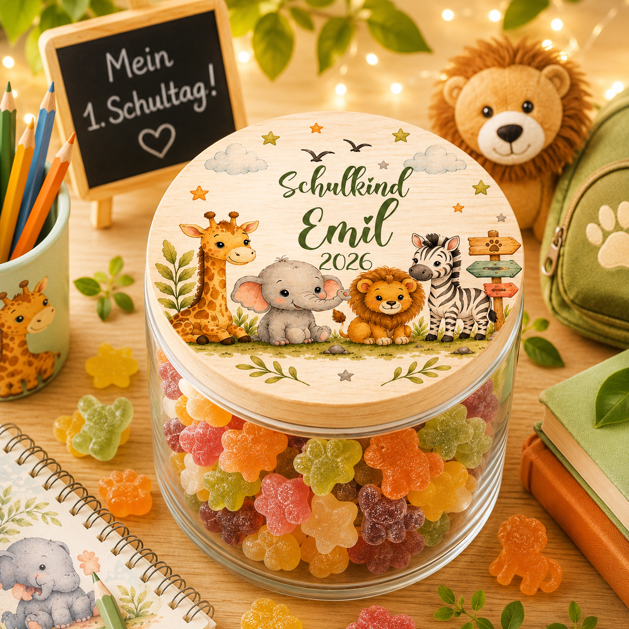 Personalisiertes Safari Vorratsglas zur Einschulung mit Giraffe, Elefant, Löwe, Zebra und Wunschname auf hochwertigem Holzdeckel. Geschenk für Schulkind und Schulanfänger.