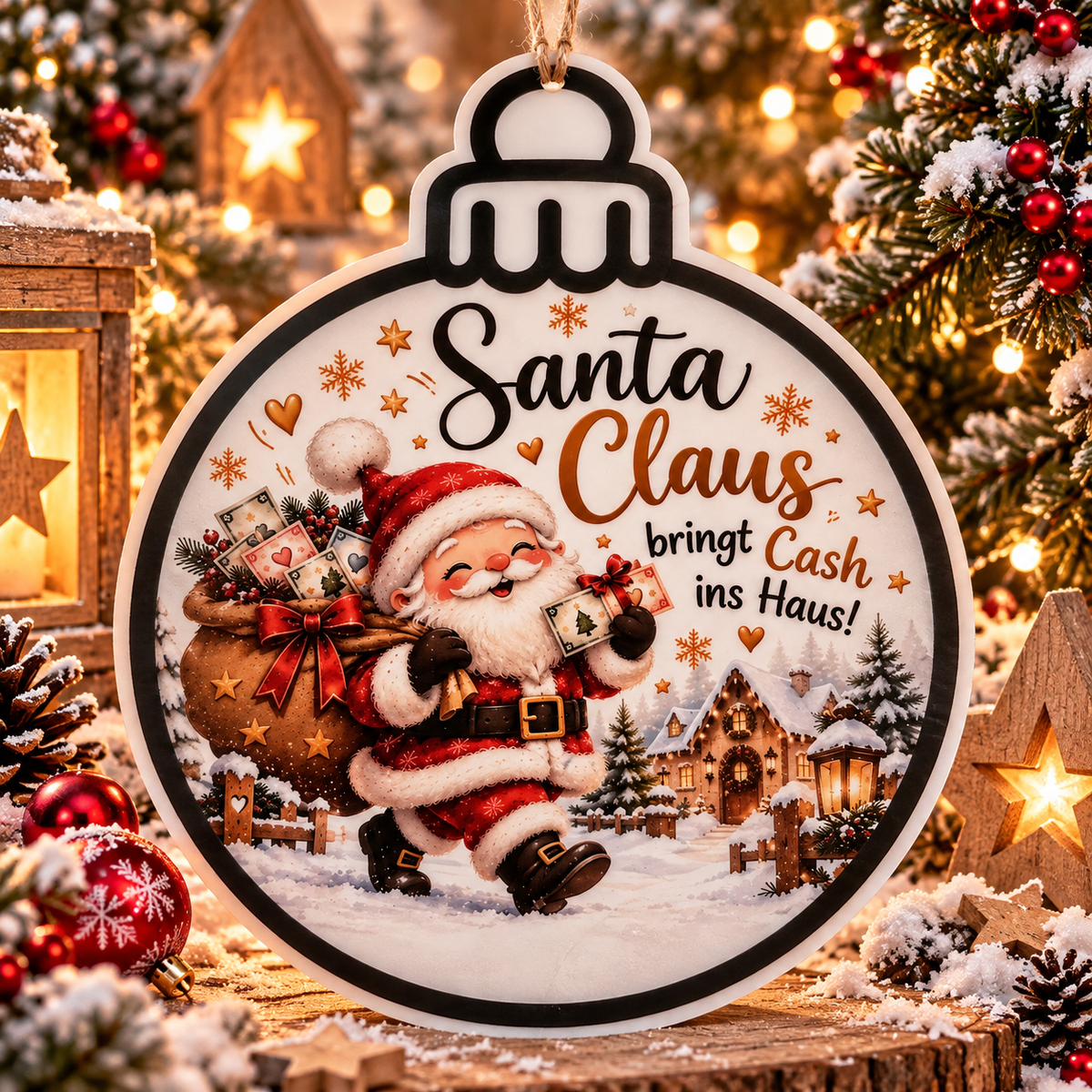 Weihnachtskugel mit Weihnachtsmann und Spruch Santa Claus bringt Cash ins Haus