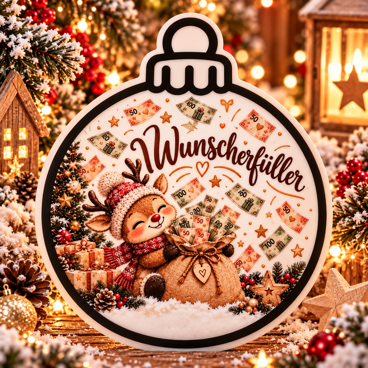 Wunscherfüller-Weihnachtskugel mit Rentier und Geldgeschenk-Motiv