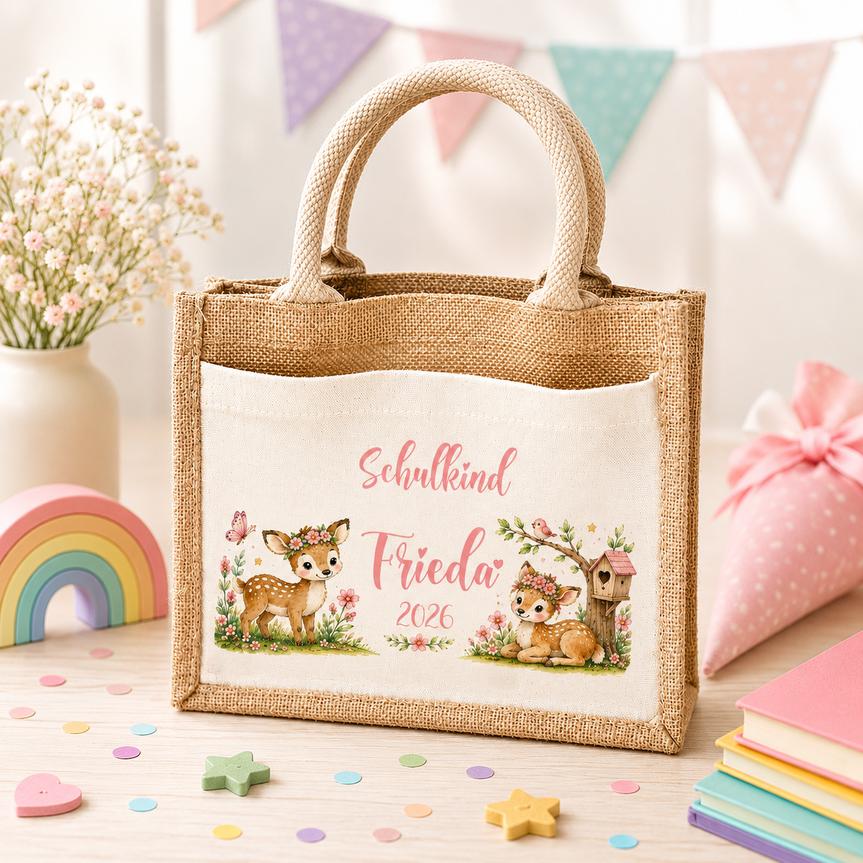 Personalisierte Jutetasche mit süßem Rehkitz und Wunschname. Liebevolles Geschenk zur Einschulung für Mädchen und praktische Tasche für Schule und Freizeit.