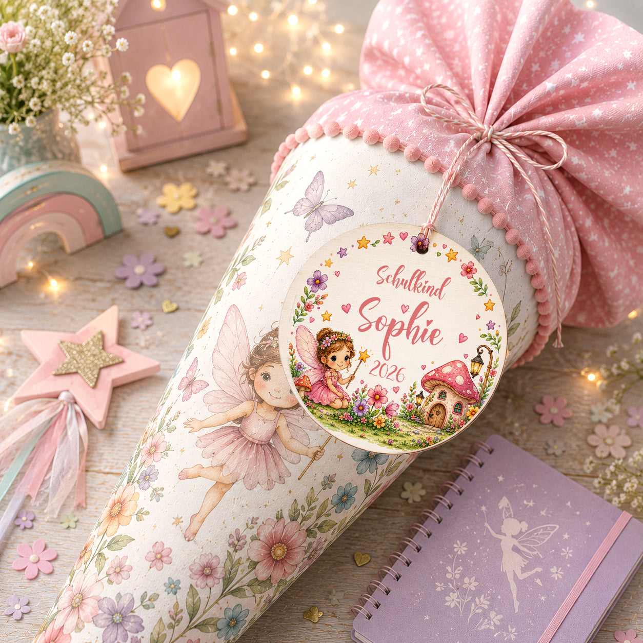 Personalisierter Schultütenanhänger aus Holz mit niedlicher Fee, Blumen, Pilzhäuschen und Wunschname. Märchenhaftes Geschenk zur Einschulung