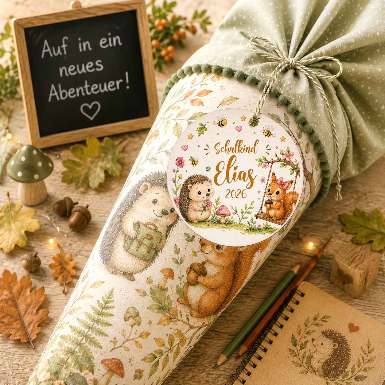 Personalisierter Schultütenanhänger aus Holz mit Igel, Eichhörnchen, Waldtieren und Wunschname. Liebevolles Geschenk zur Einschulung