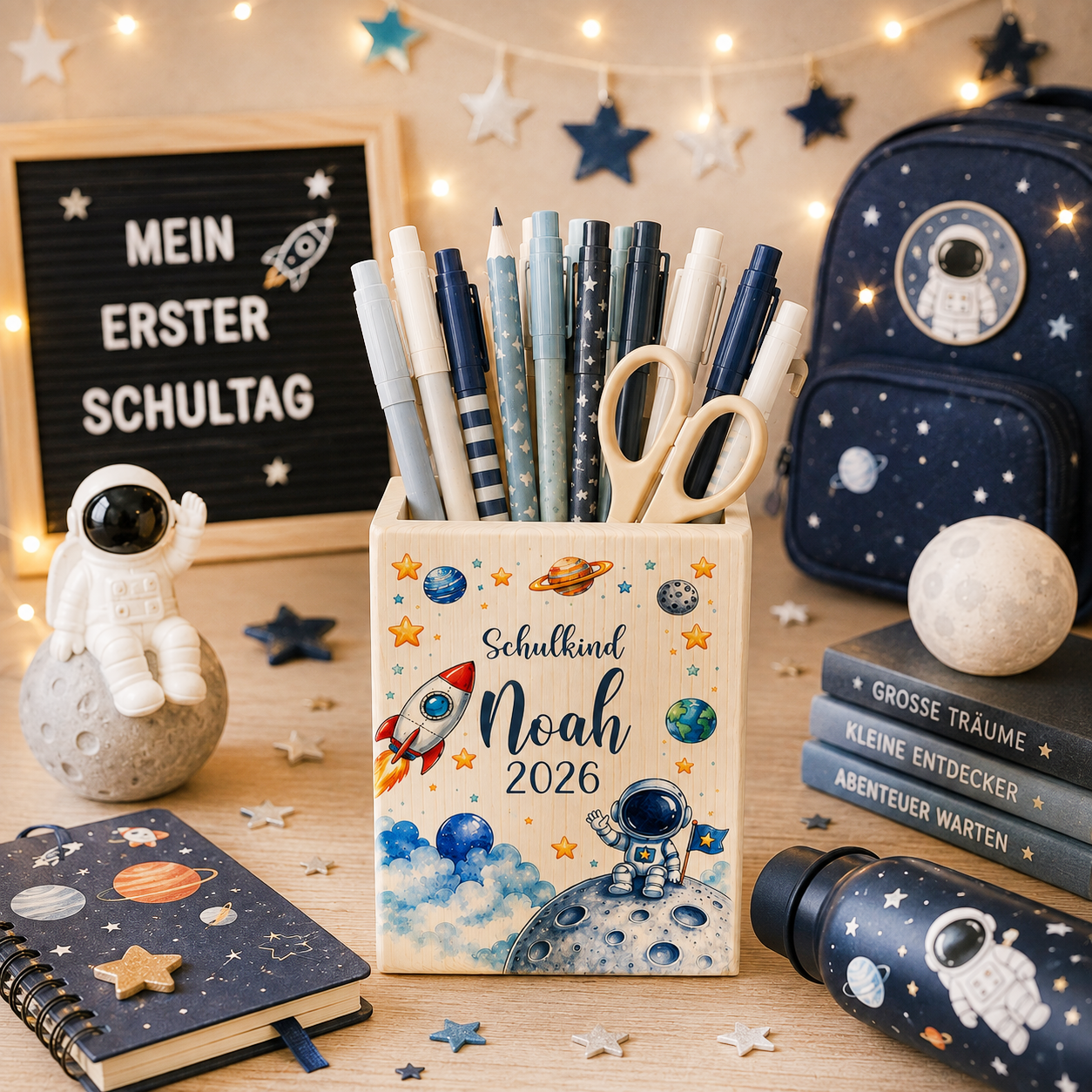 Personalisierter Astronaut-Stiftehalter aus Holz mit Rakete, Mond, Planeten, Wunschname, Schulkind und aktueller Jahreszahl zur Einschulung. Holz Stiftehalter 8 × 10 cm.