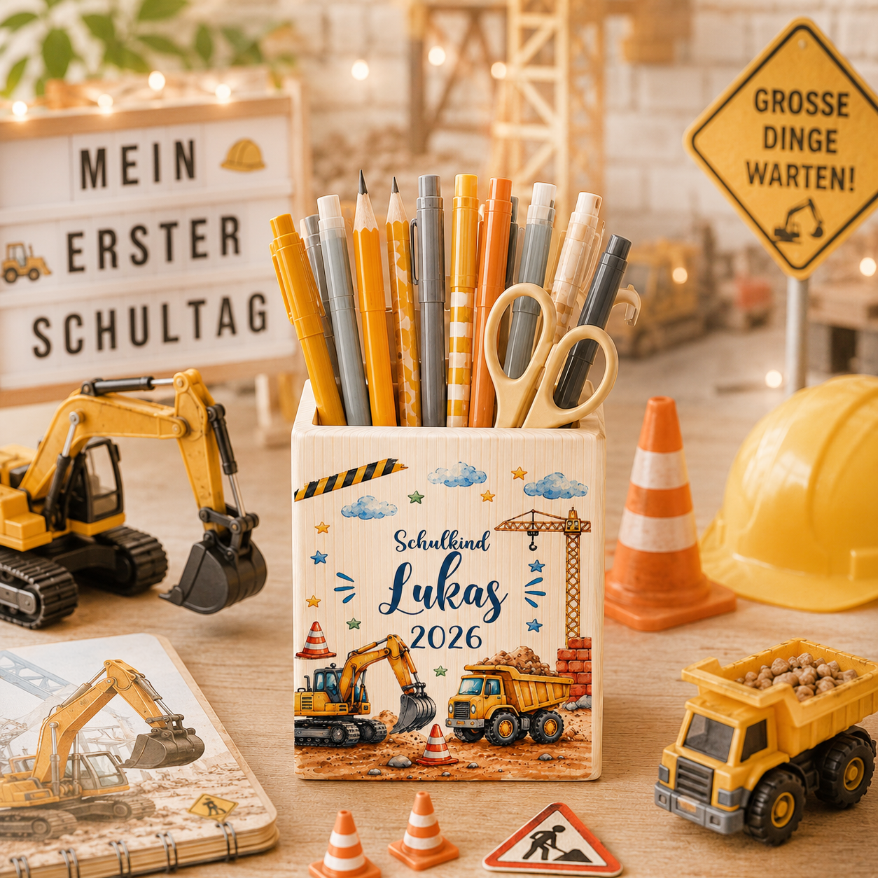 Personalisierter Baustellen-Stiftehalter aus Holz mit Bagger, Baukran, Kipplaster, Wunschname, Schulkind und aktueller Jahreszahl zur Einschulung. Größe 8 × 10 cm.