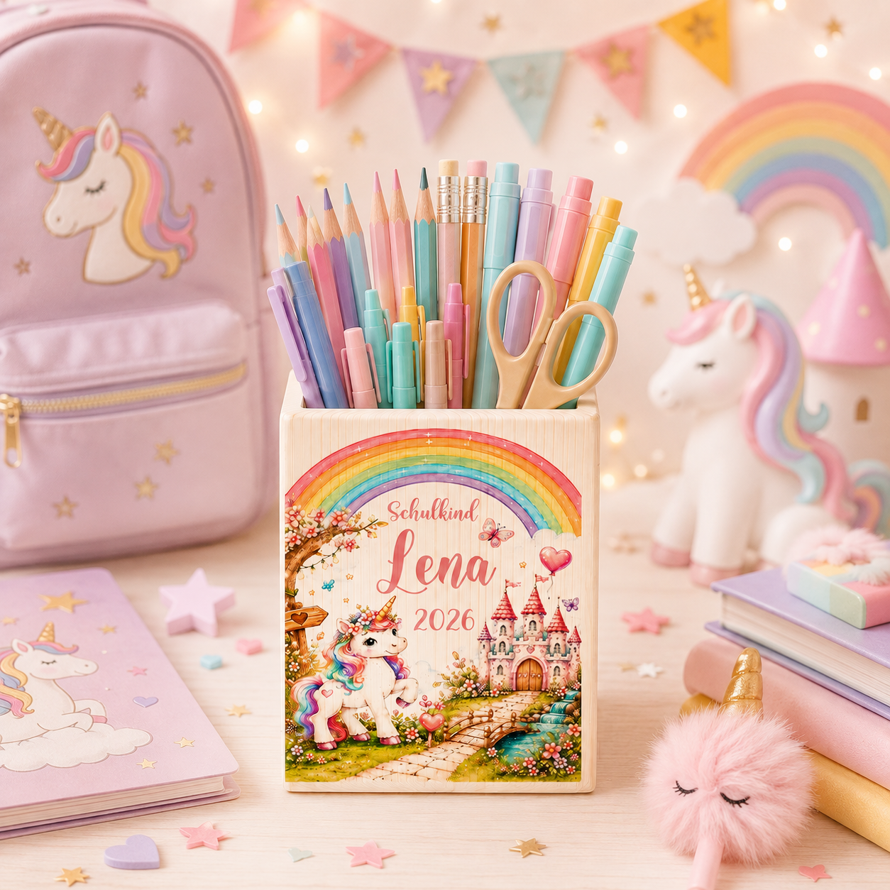 Personalisierter Einhorn Stiftehalter aus Holz für Mädchen zur Einschulung mit Regenbogen, Schloss, Wunschname, Schulkind und aktueller Jahreszahl. Holz Stiftebox 8 × 10 cm.