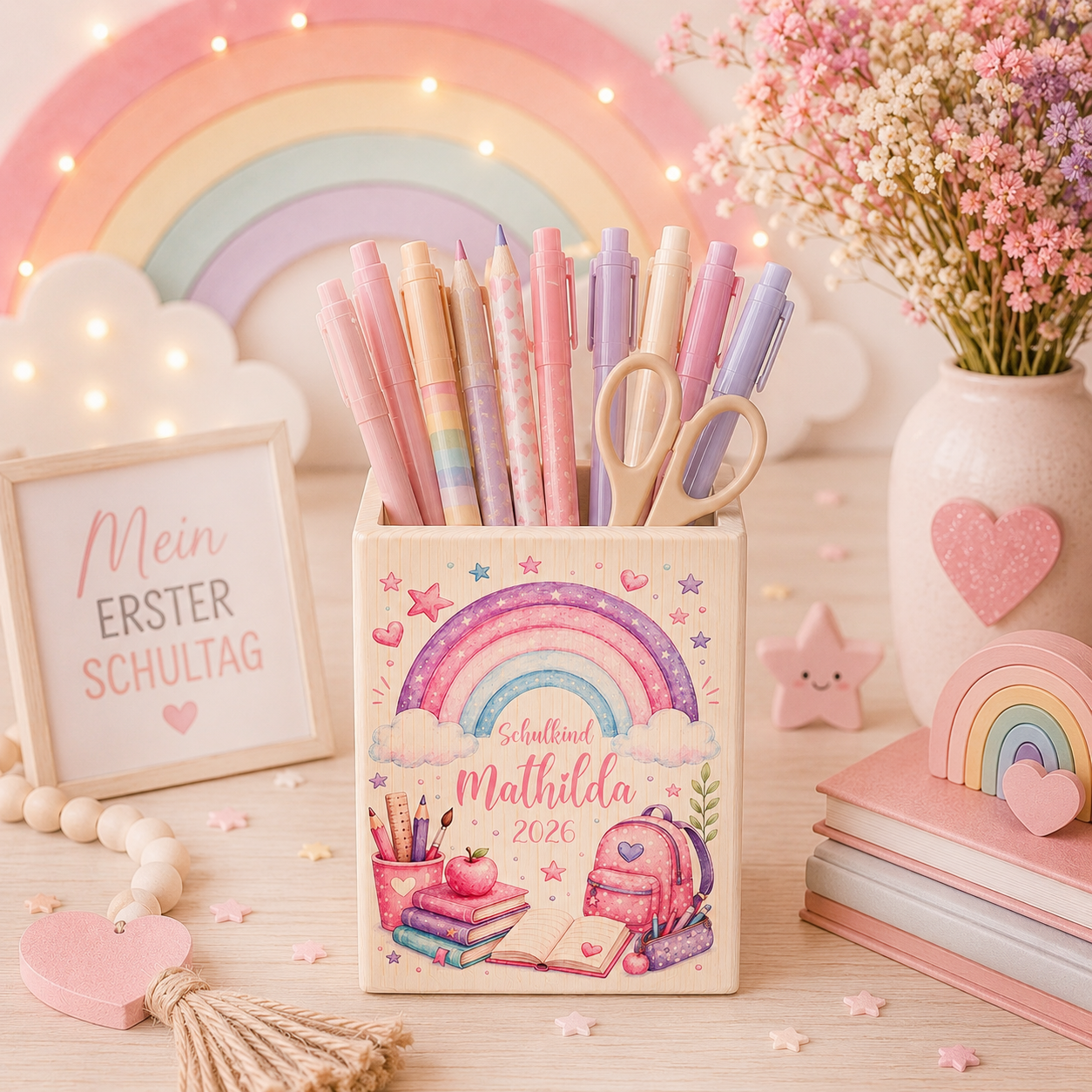 Personalisierter Stiftehalter aus Holz für Mädchen zur Einschulung mit rosa Regenbogen, Schulrucksack, Büchern, Wunschname, Schulkind und aktueller Jahreszahl. Schreibtisch Organizer 8 × 10 cm.