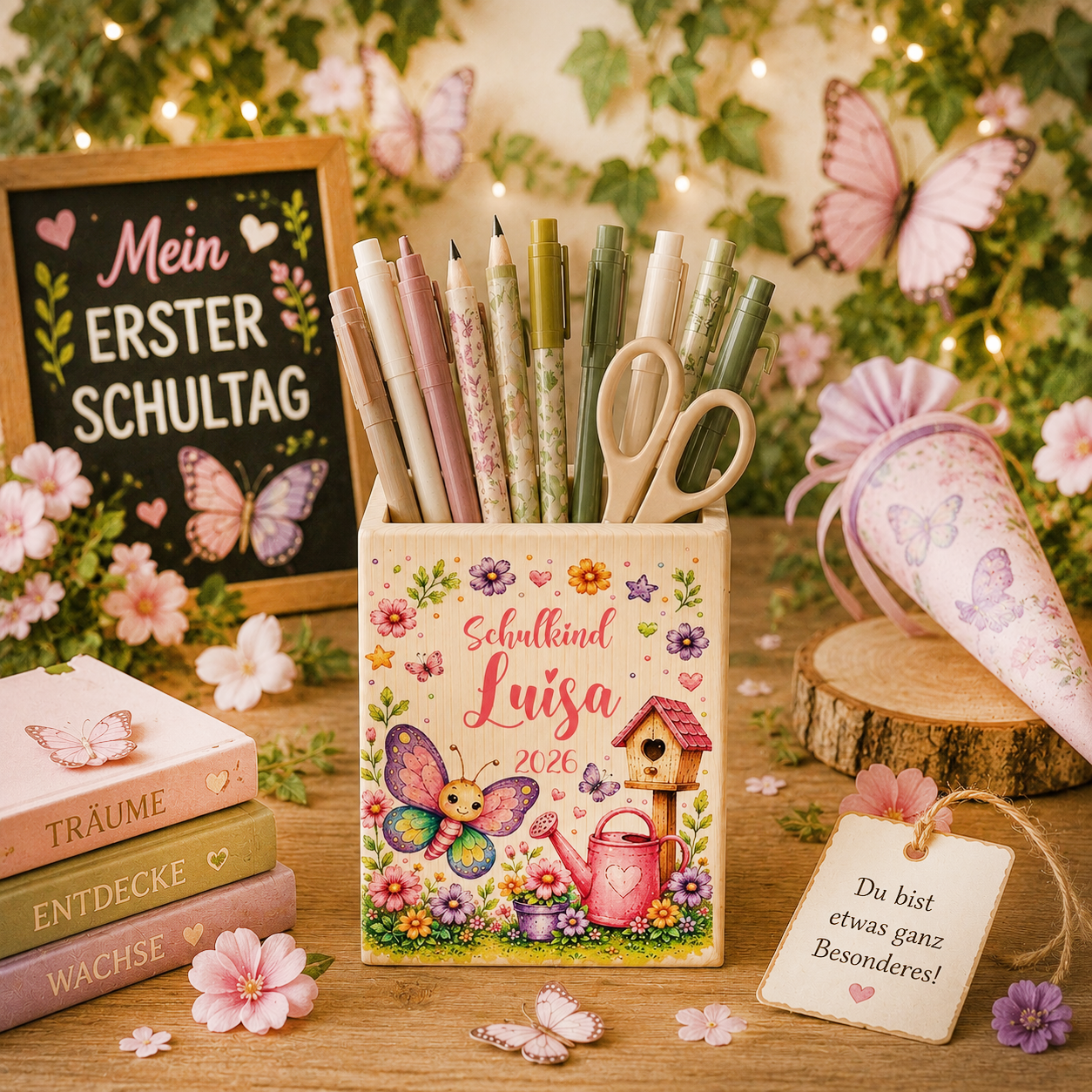 Personalisierter Schmetterling-Stiftehalter aus Holz mit buntem Schmetterling, Blumen, Vogelhaus, Wunschname, Schulkind und aktueller Jahreszahl. Holz Stiftehalter 8 × 10 cm zur Einschulung.