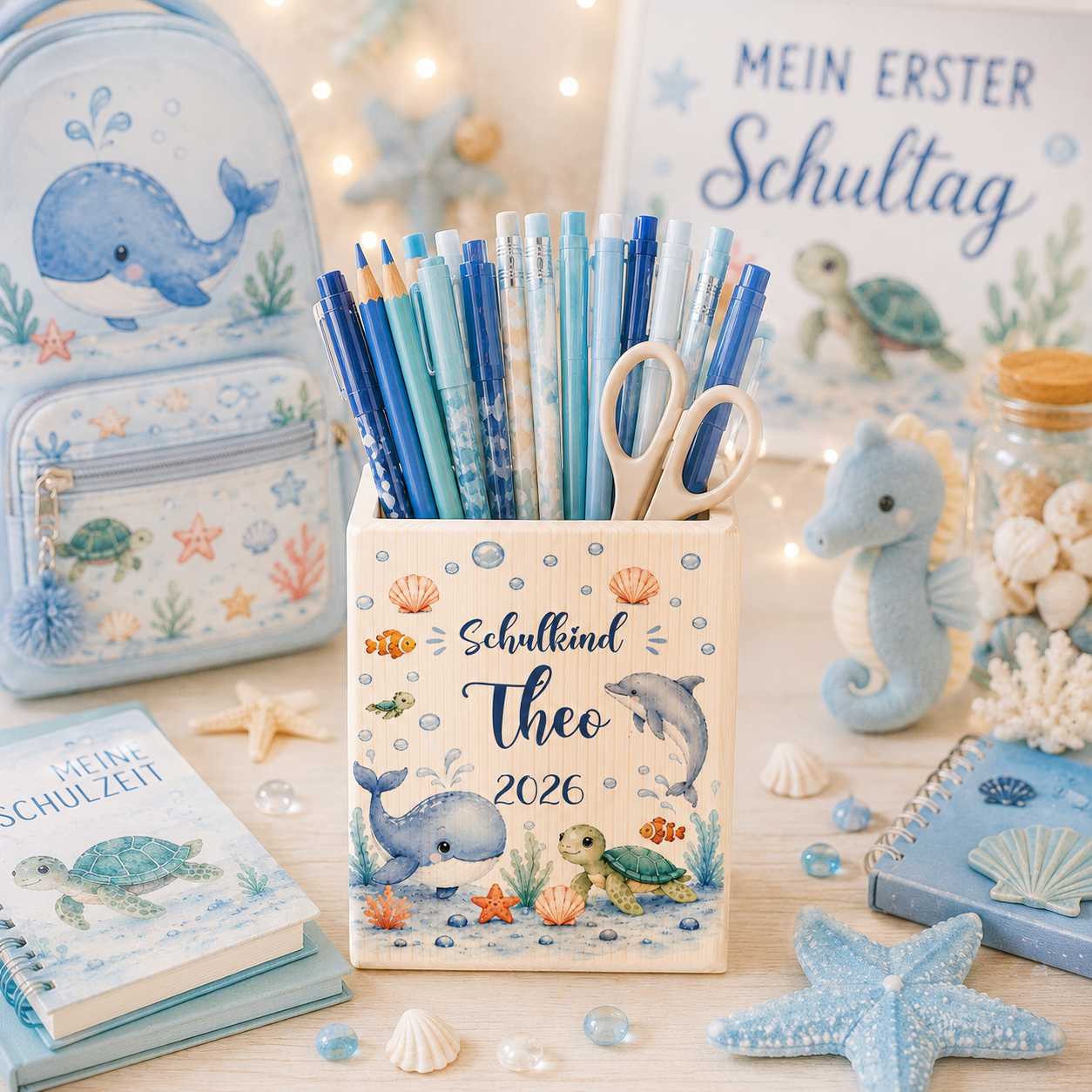 Personalisierter Meerestiere-Stiftehalter aus Holz zur Einschulung mit Wal, Delfin, Schildkröte, Wunschname, Schulkind und aktueller Jahreszahl. Holz Stiftehalter 8 × 10 cm.