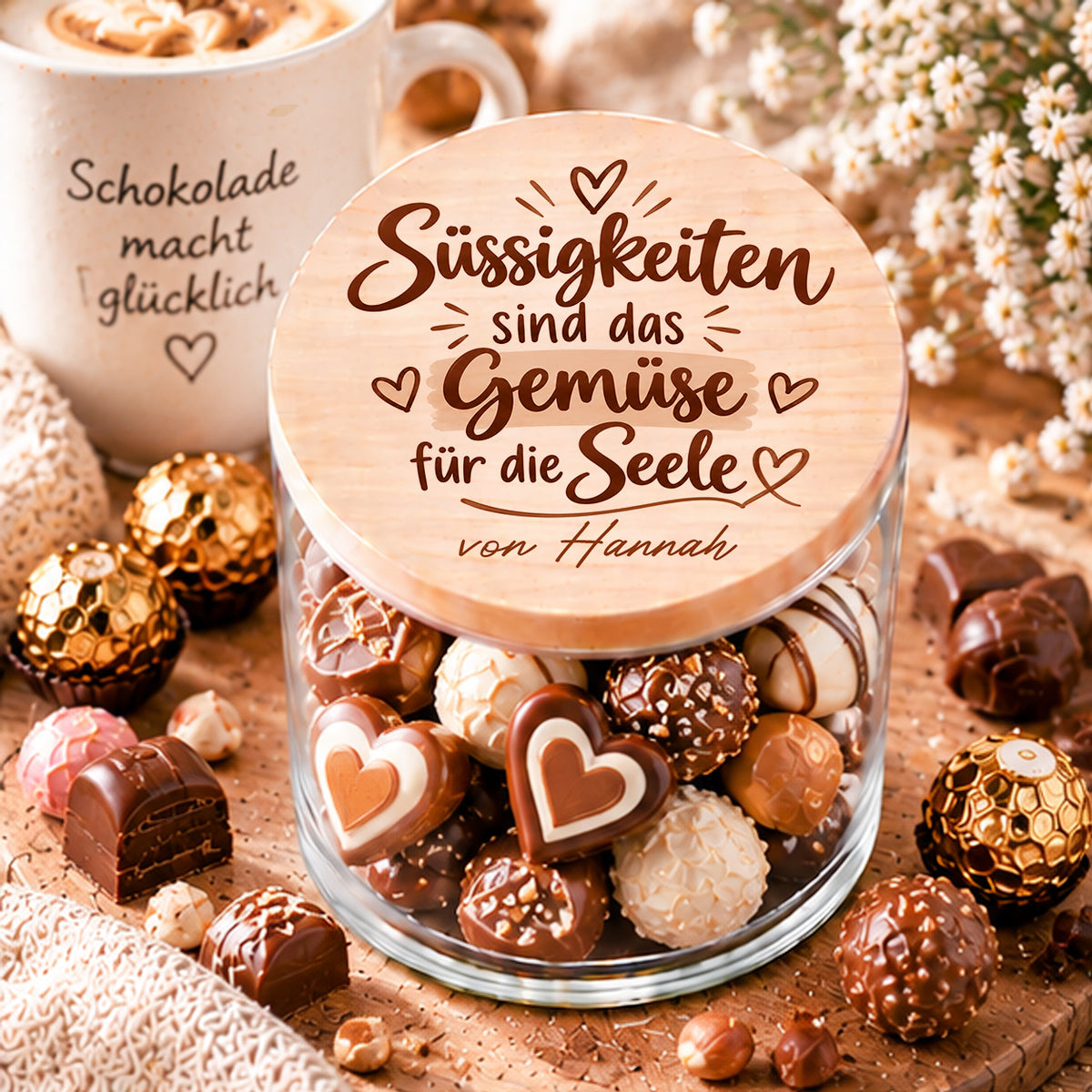 Personalisiertes Süßigkeitenglas mit Holzdeckel, Spruch Süßigkeiten sind das Gemüse für die Seele