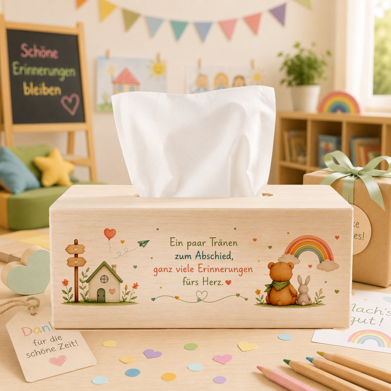 Personalisierte Taschentücherbox aus Holz mit Spruch Ein paar Tränen zum Abschied ganz viele Erinnerungen fürs Herz als Abschiedsgeschenk für Erzieherinnen