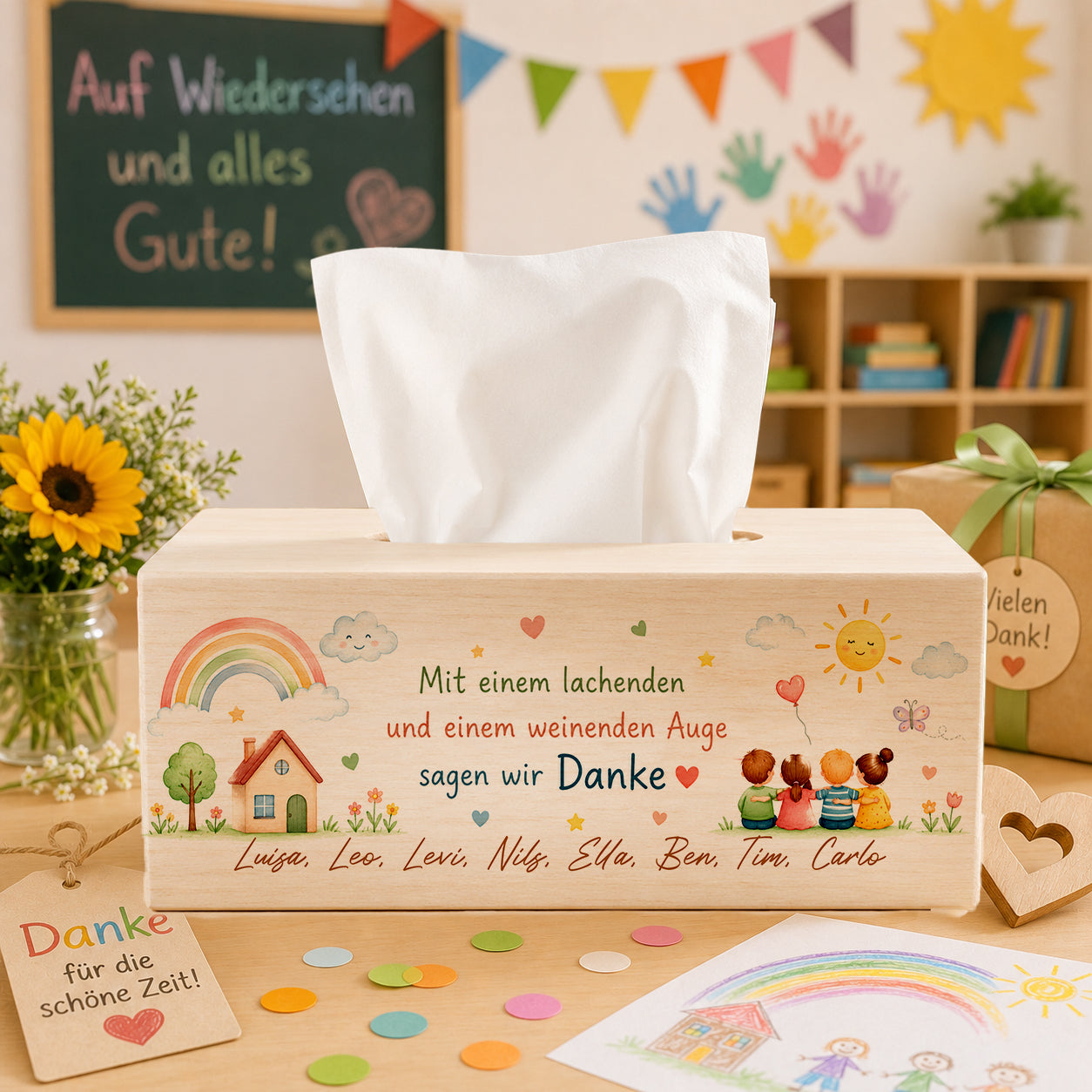 Personalisierte Taschentücherbox aus Holz mit Regenbogen, Kindernamen und Dankespruch als Abschiedsgeschenk für Erzieherin im Kindergarten