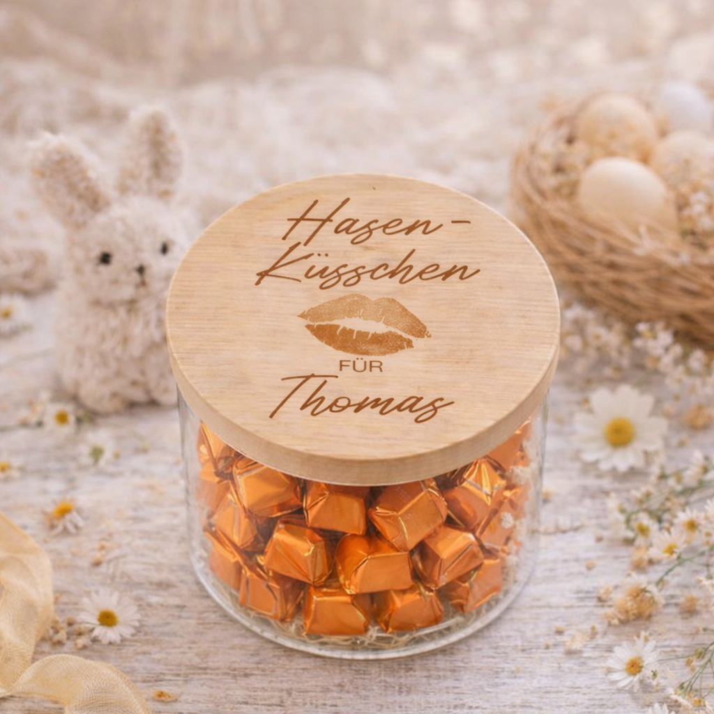 Ostergeschenk personalisiert Vorratsglas „Hasen Küsschen“ mit Name Glas zum Befüllen mit Ferrero Küsschen Geschenk zu Ostern für Partner