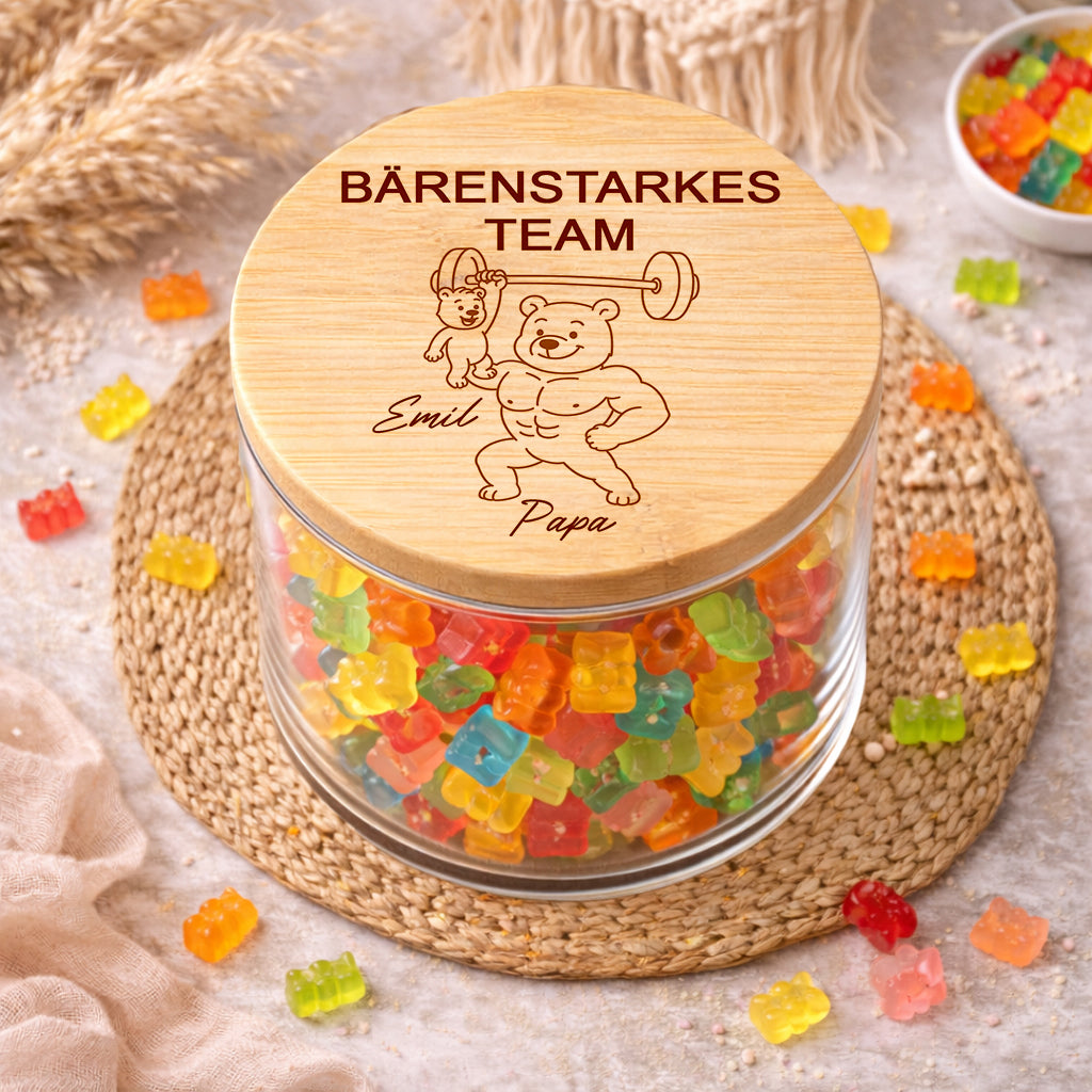 Personalisiertes Vorratsglas Papa mit Spruch „Bärenstarkes Team“ und Namen – Geschenk für Vatertag oder Geburtstag