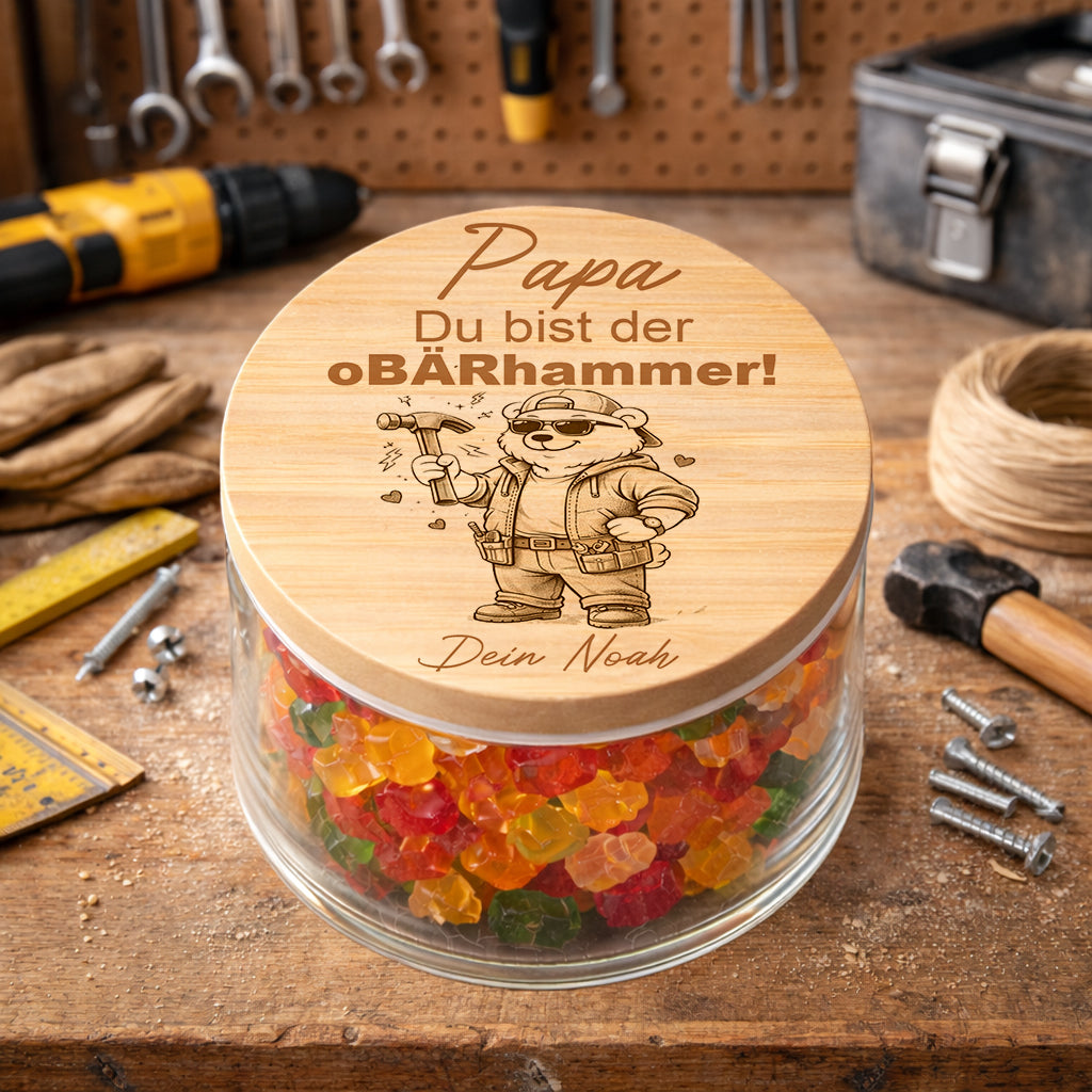 Personalisiertes Vorratsglas Papa mit Spruch „Du bist der oBÄRhammer“ und Name – Geschenk für Handwerker Papa