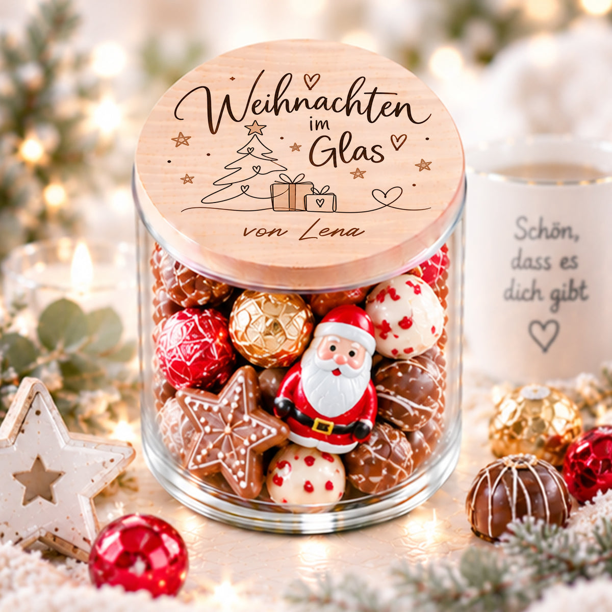 Weihnachten im Glas – personalisiertes Weihnachtsgeschenk mit Holzdeckel und weihnachtlicher Befüllung