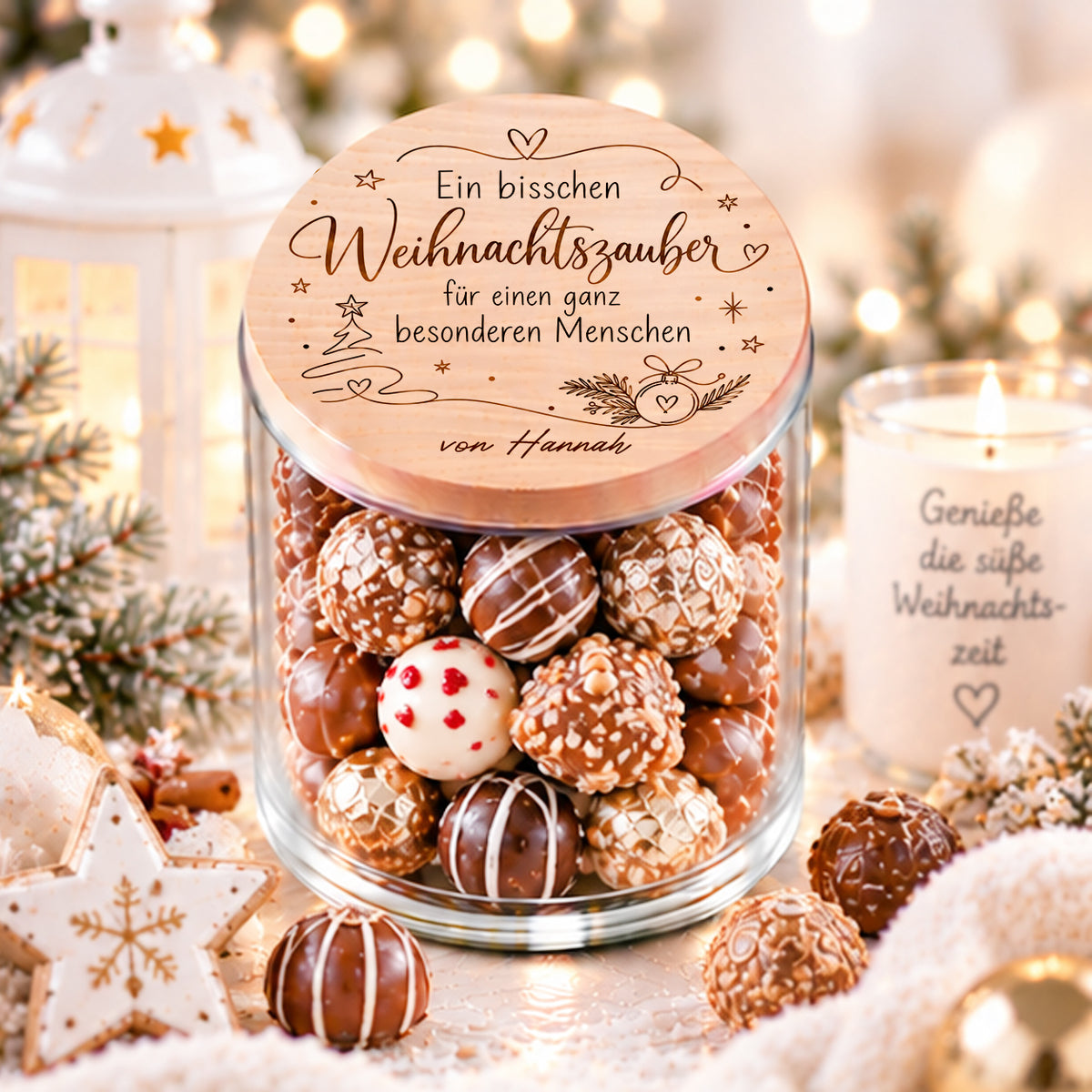 Personalisiertes Weihnachtsgeschenk für einen besonderen Menschen – Vorratsglas mit Weihnachtszauber-Motiv und Pralinen