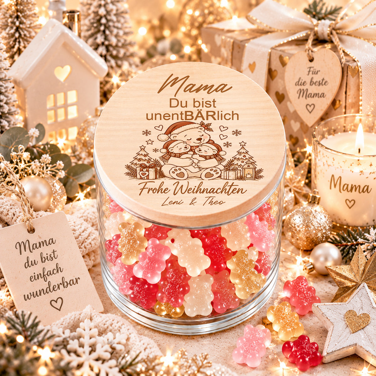 Personalisiertes Weihnachtsgeschenk für Mama von zwei Kindern mit Mama-Bär und zwei Bärenkindern